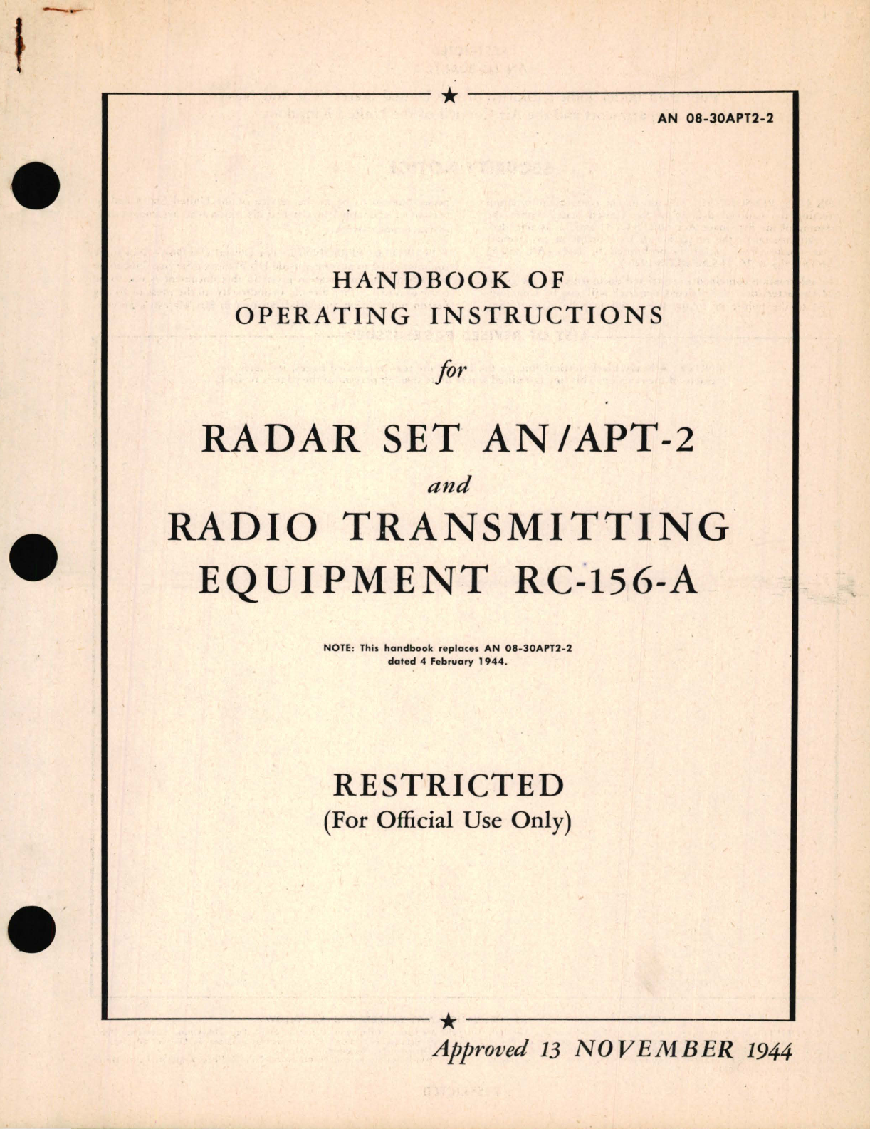 Sample page 1 from AirCorps Library document: Operating Instructions for Radar Set AN/APT-2 and Radio Transmitting Equipment RC-156-A