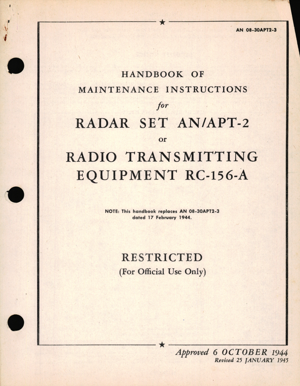 Sample page 1 from AirCorps Library document: Maintenance Instructions for Radar Set AN/APT-2 or Radio Transmitting Equipment RC-156-A