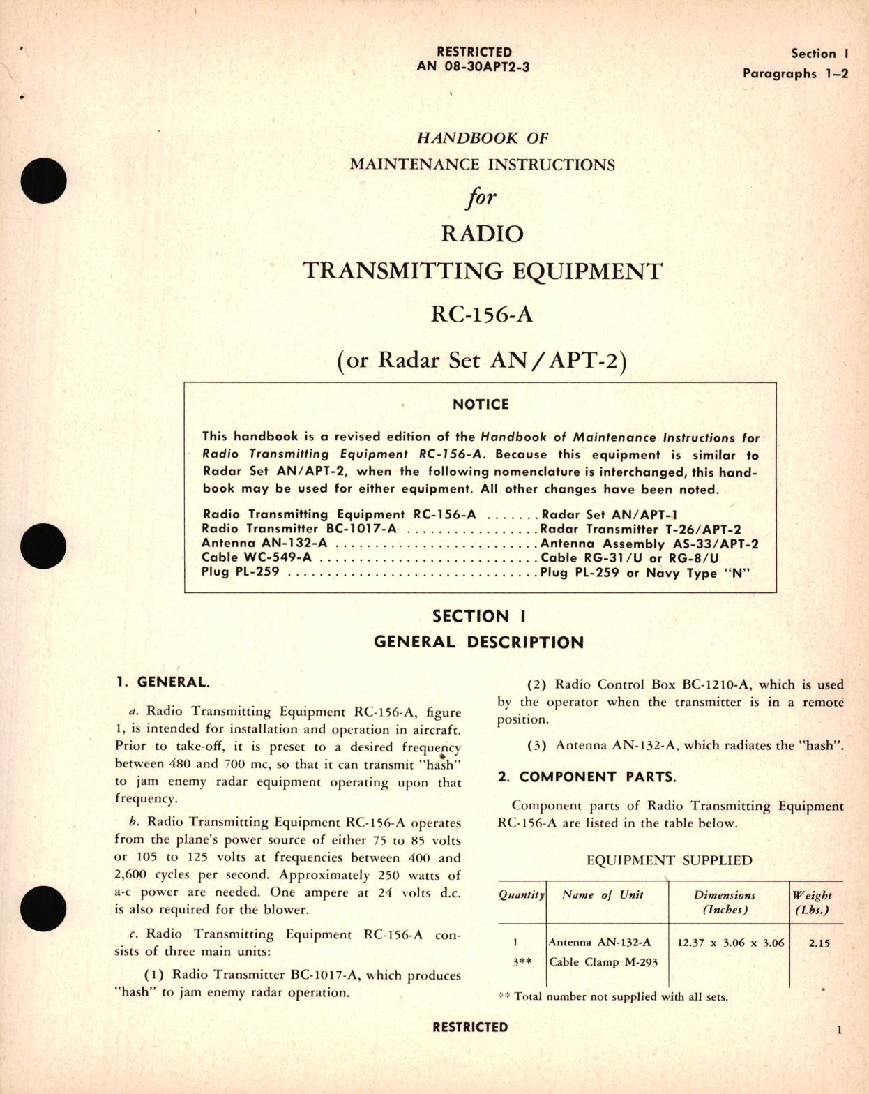 Sample page 9 from AirCorps Library document: Maintenance Instructions for Radar Set AN/APT-2 or Radio Transmitting Equipment RC-156-A