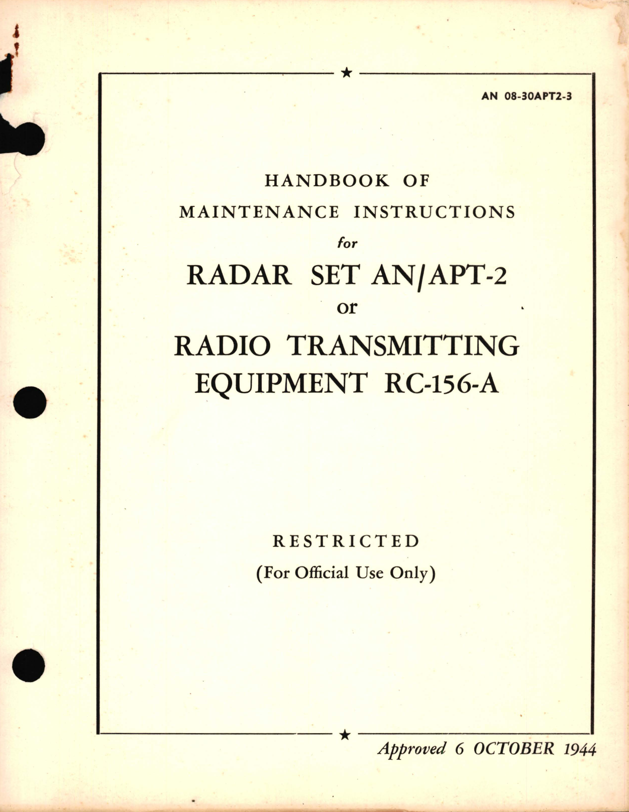 Sample page 1 from AirCorps Library document: Maintenance Instructions for Radar Set AN/APT-2 or Radio Transmitting Equipment RC-156-A