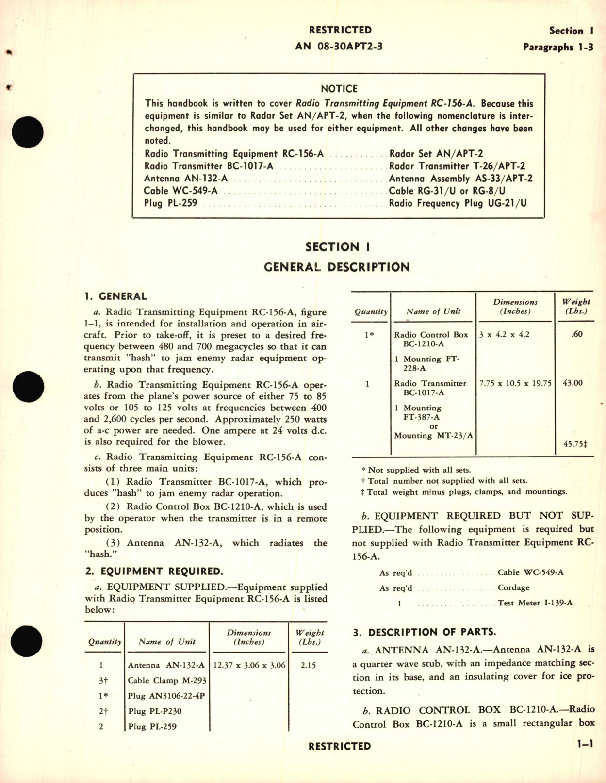 Sample page 7 from AirCorps Library document: Maintenance Instructions for Radar Set AN/APT-2 or Radio Transmitting Equipment RC-156-A