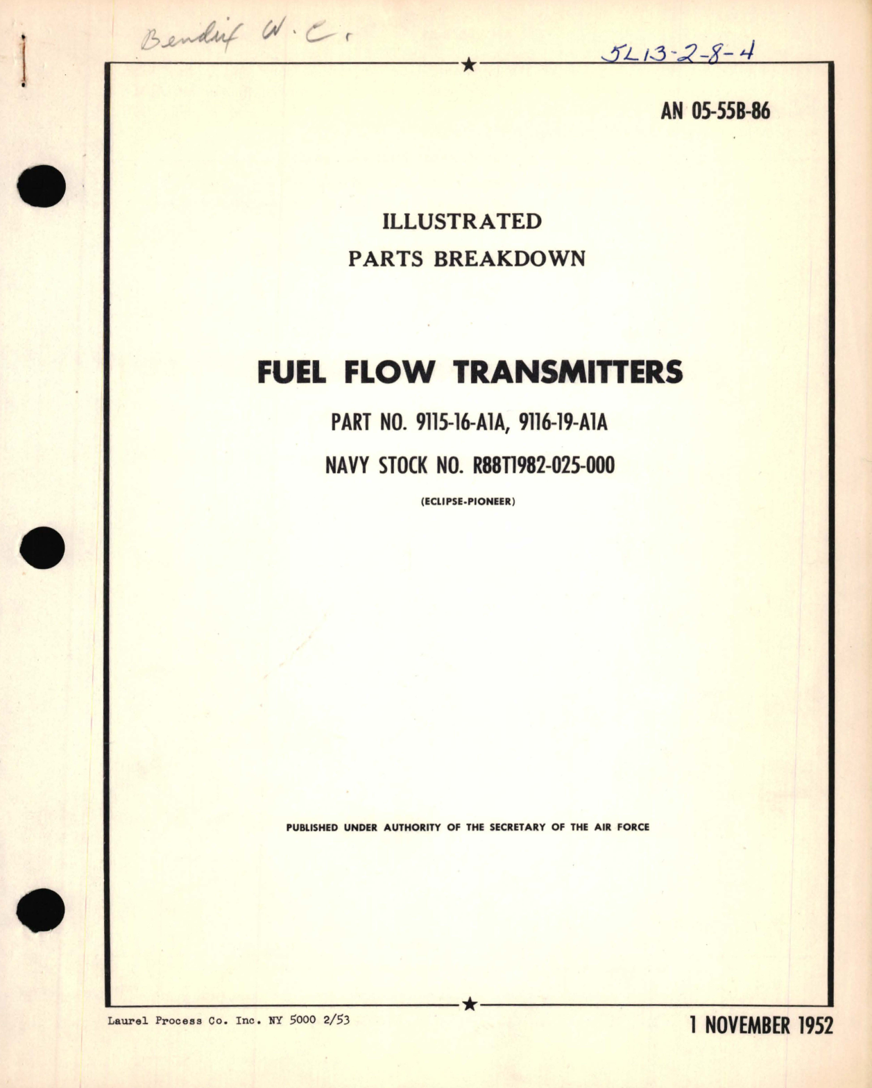 Sample page 1 from AirCorps Library document: Illustrated Parts Breakdown for Fuel Flow Transmitters Part No. 9115-16, 9116-19 