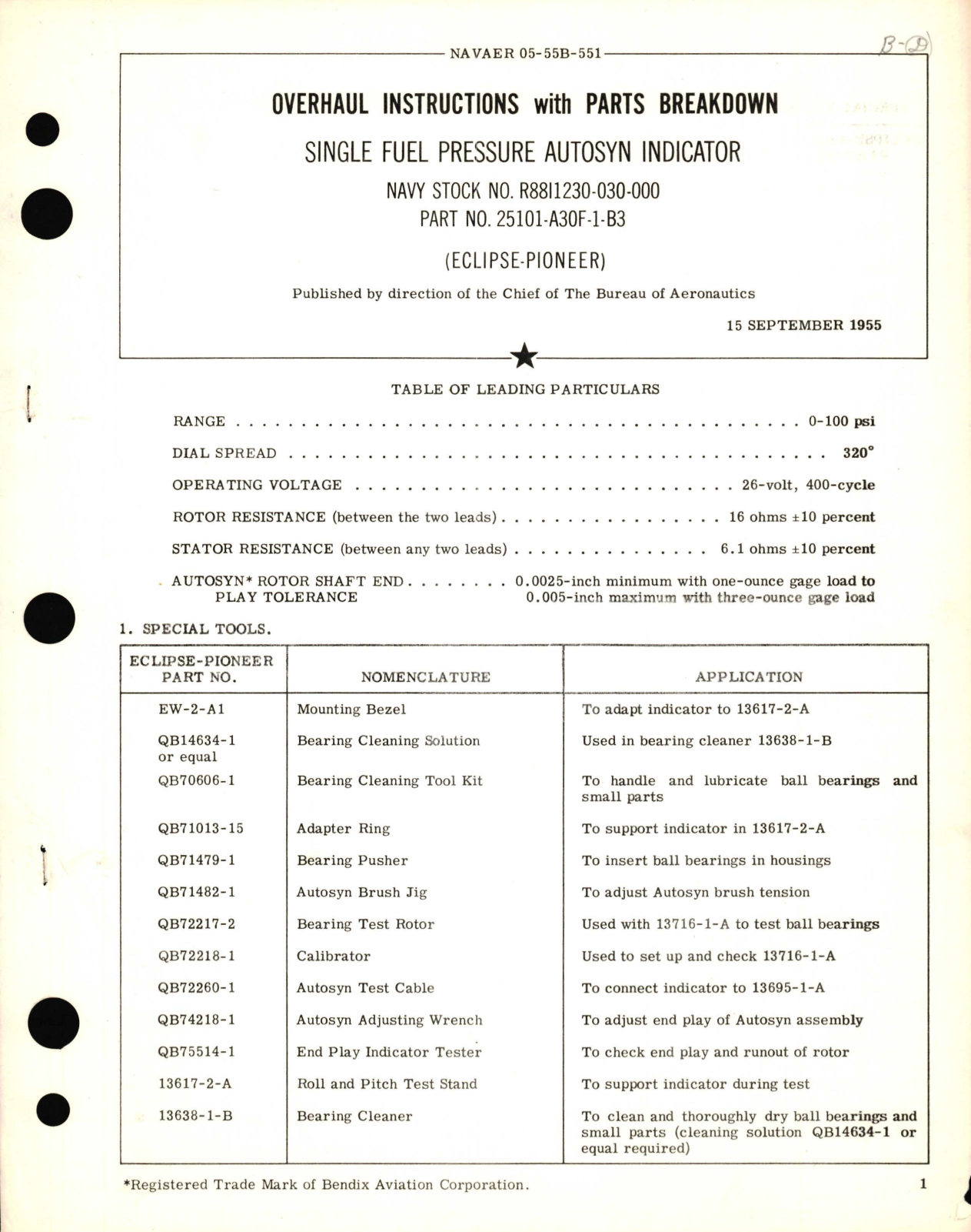 Sample page 1 from AirCorps Library document: Overhaul Instructions with Parts Breakdown for Single Fuel Pressure Autosyn Indicator Part No. 25101-A30F-1-B3 