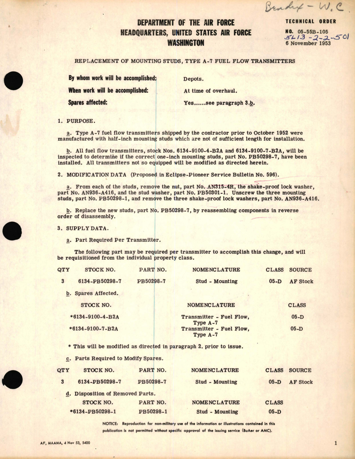 Sample page 1 from AirCorps Library document: Replacement of Mounting Studs, Type A-7 Fuel Flow Transmitters 