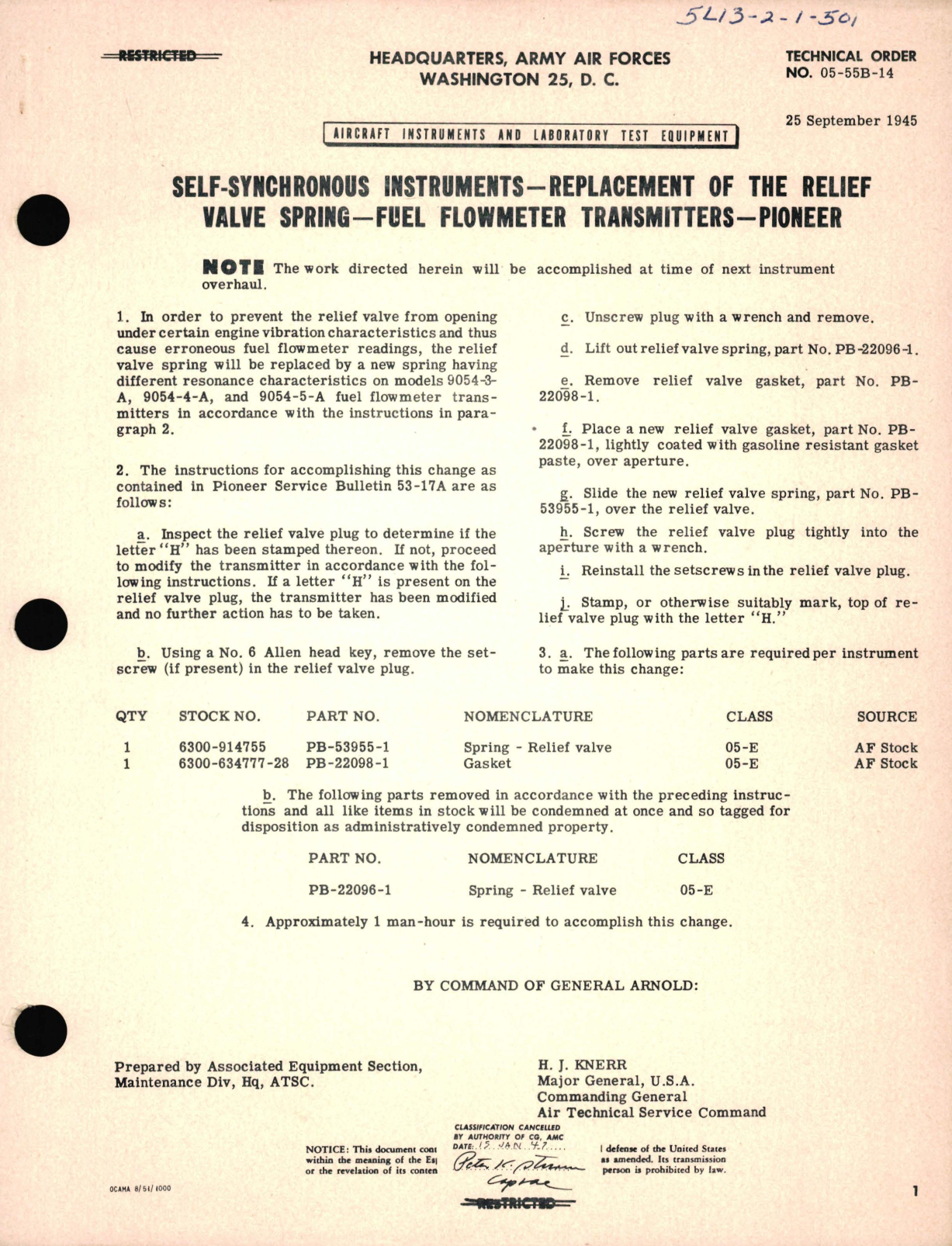 Sample page 1 from AirCorps Library document: Self-Synchronous Instruments-Replacement of The Relief Valve Spring-Fuel Flowmeter Transmitters-Pioneer