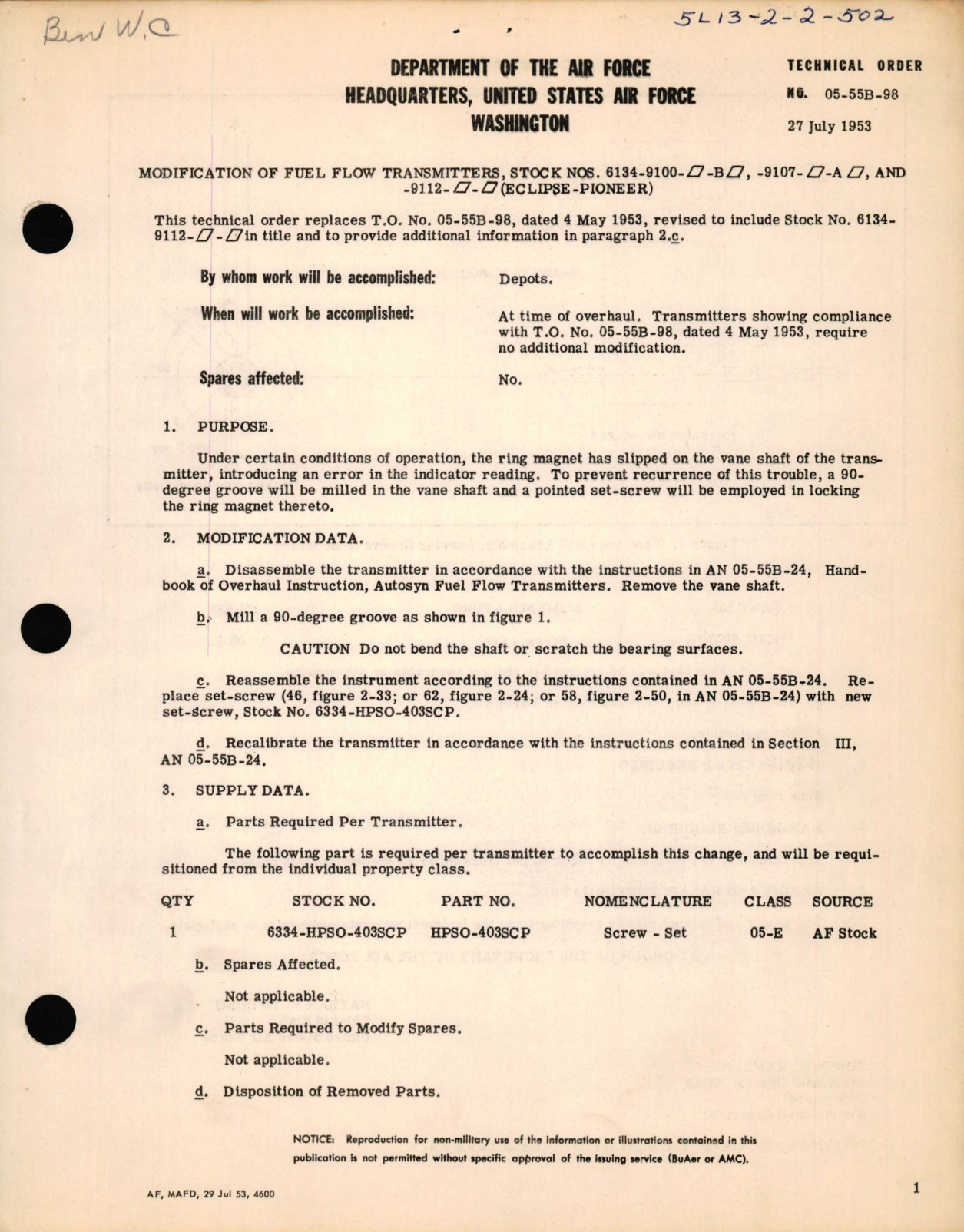 Sample page 1 from AirCorps Library document: Modification of Fuel Flow Transmitters, 6134-9100, -B, -9107, -A, and -9112 