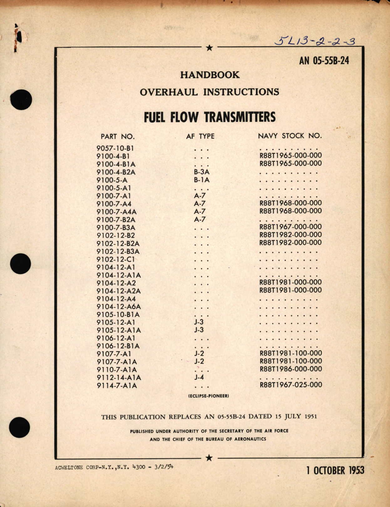 Sample page 1 from AirCorps Library document: Overhaul Instructions for Fuel Flow Transmitters Part No. 90577, 9100, 9102, 9104, 9105, 9106, 9107, 9110, 9112, 9114