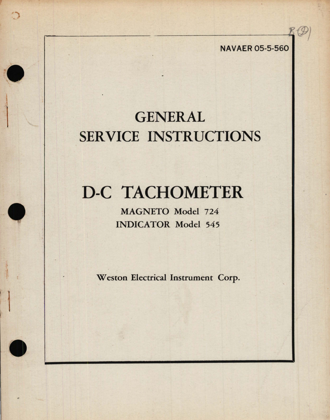 Sample page 1 from AirCorps Library document: General Service Instructions for D-C Tachometer Magneto Model 724 Indicator Model 545 