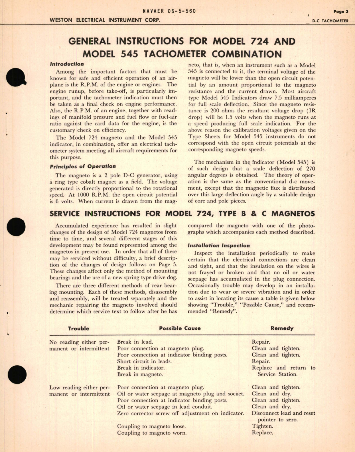 Sample page 5 from AirCorps Library document: General Service Instructions for D-C Tachometer Magneto Model 724 Indicator Model 545 