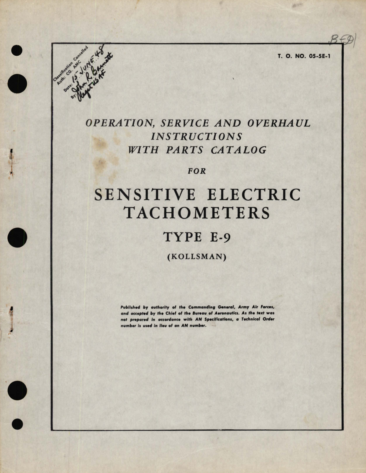 Sample page 1 from AirCorps Library document: Operation, Service and Overhaul Instructions with Parts Catalog for Sensitive Electric Tachometers Type E-9 