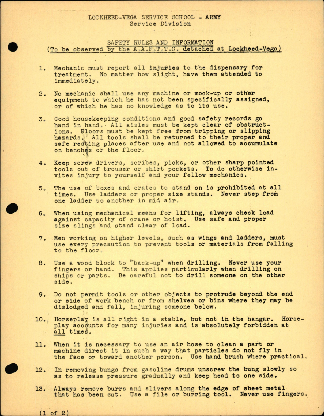 Sample page 1 from AirCorps Library document: Safety Rules & Information for AAFTTC at Lockheed Vega