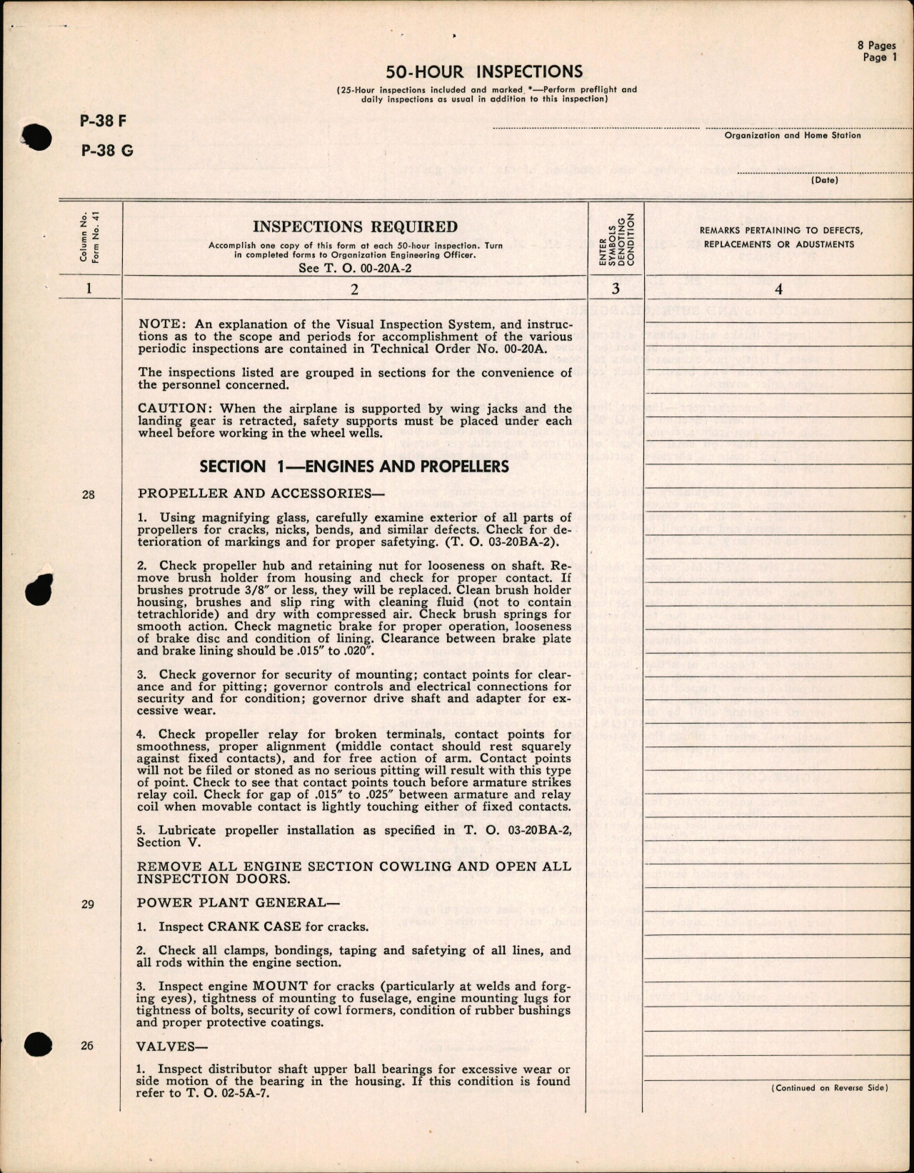 Sample page 1 from AirCorps Library document: 50 Hour Inspections for P-38F and P-38G