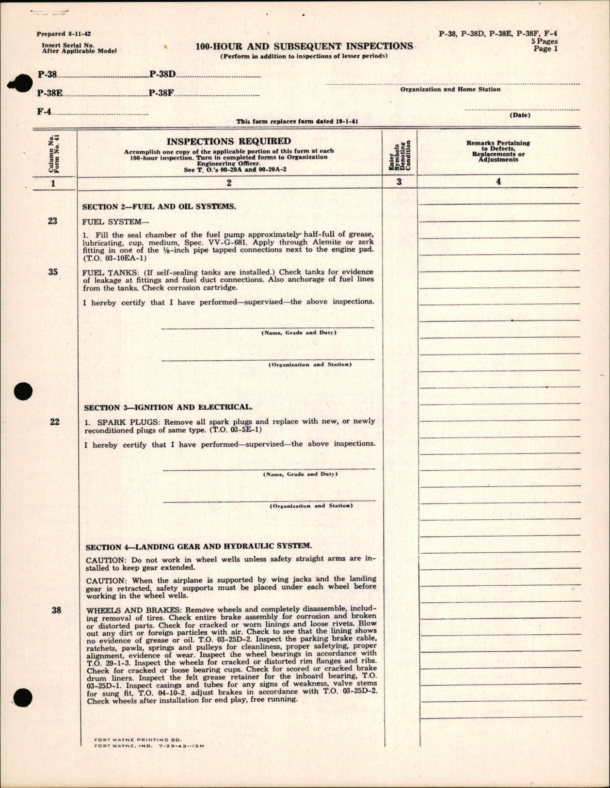 Sample page 1 from AirCorps Library document: 100 Hour & Subsequent Inspections for P-38, P-38D, P-38E, P-38F, and F-4