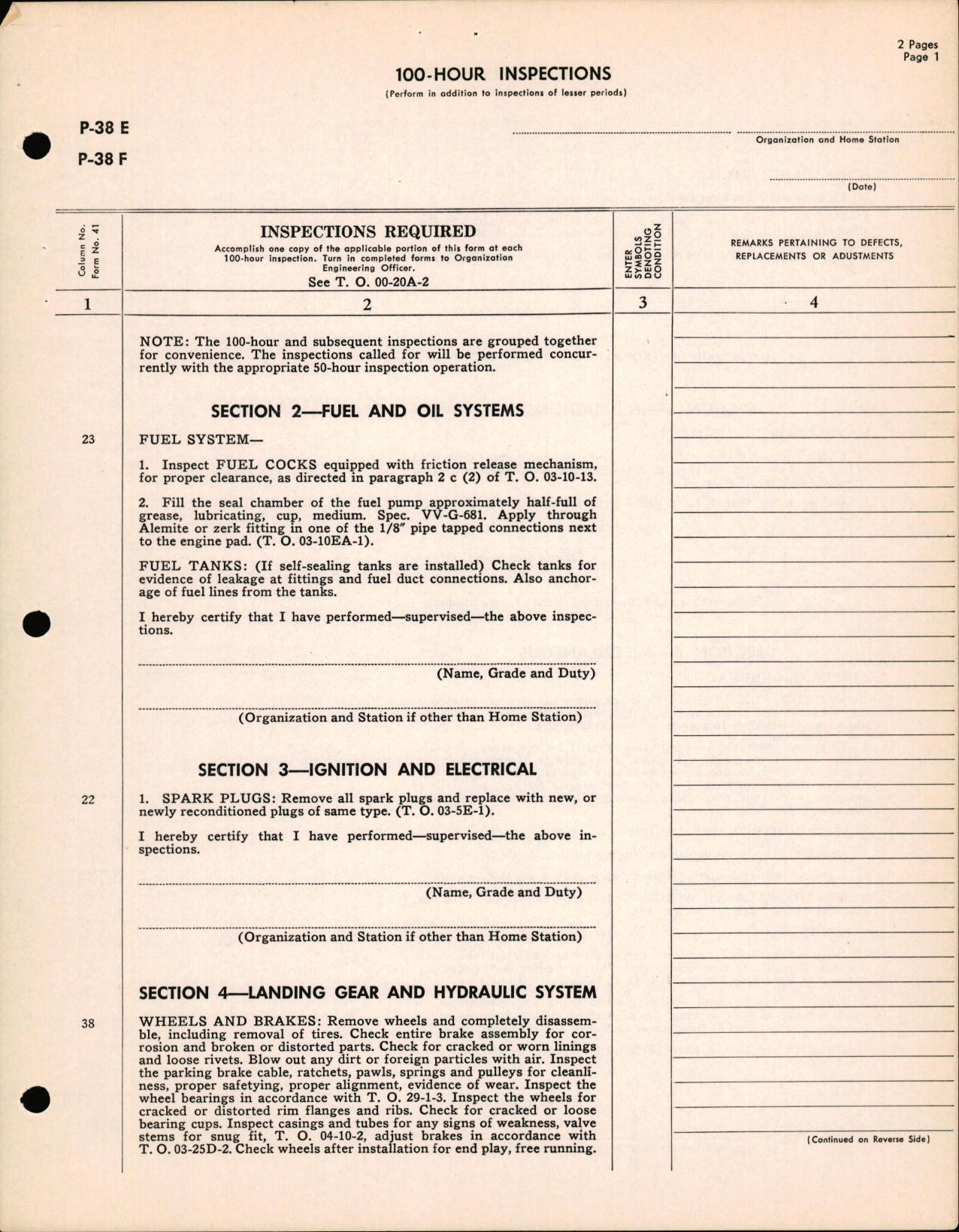 Sample page 1 from AirCorps Library document: 100 Hour Inspections for P-38E and P-38F