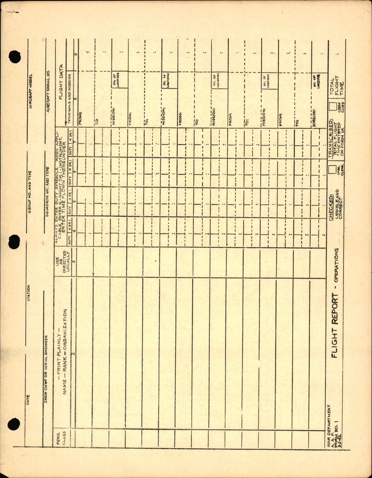 Sample page 1 from AirCorps Library document: AAF Form No. 1, Flight Report - Operations