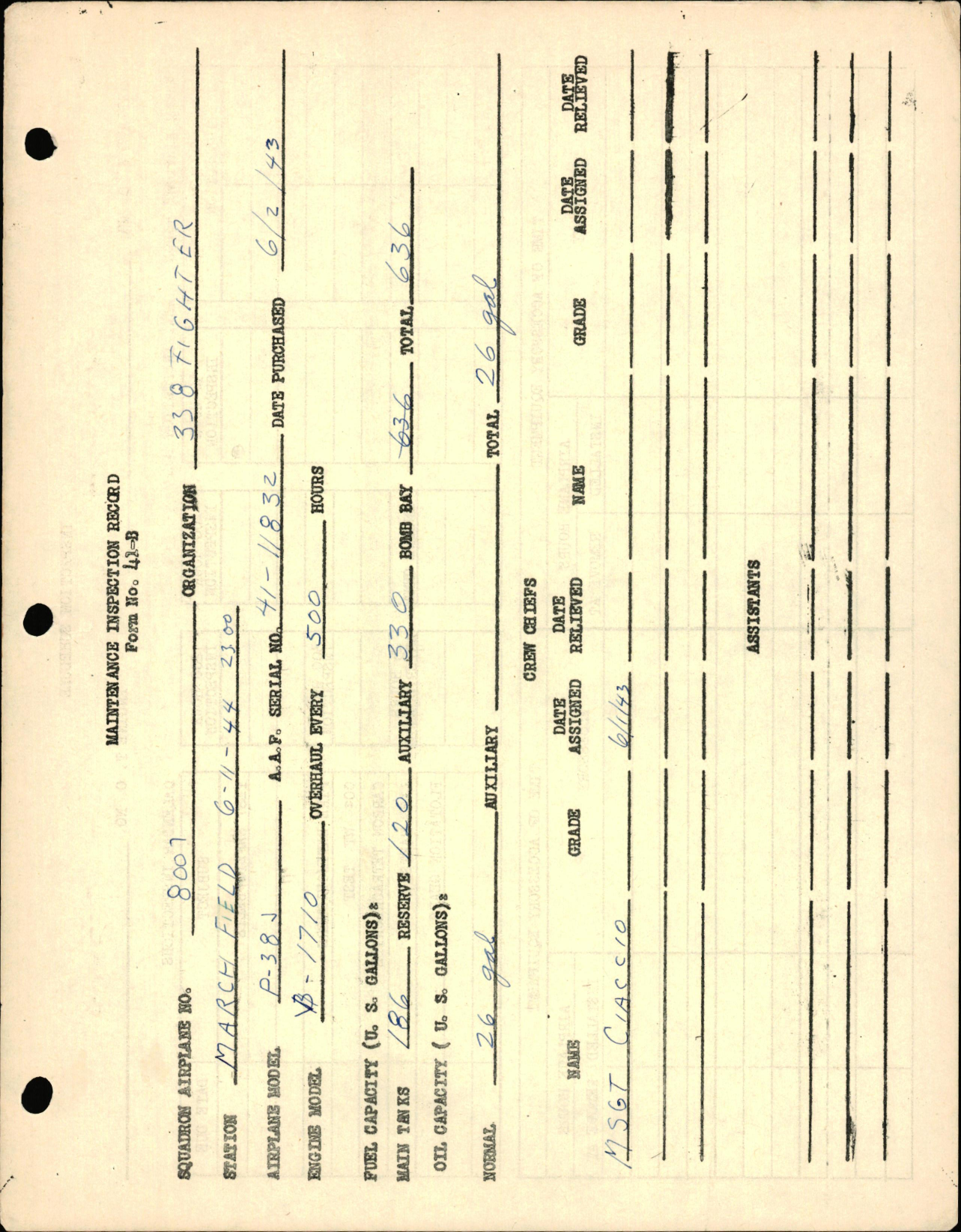 Sample page 1 from AirCorps Library document: Form No. 41-B, Maintenance Inspection Record