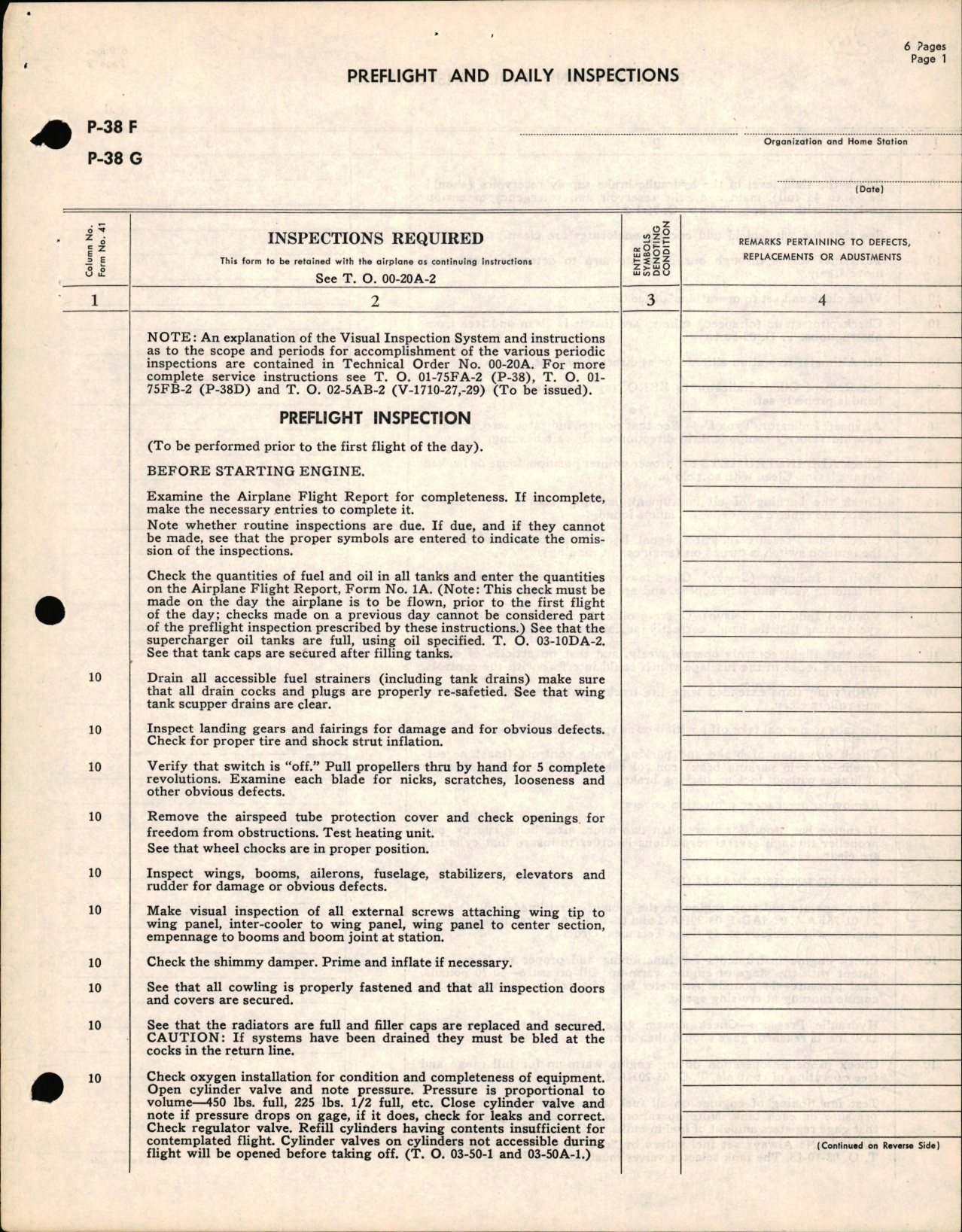 Sample page 1 from AirCorps Library document: Preflight & Daily Inspections for P-38F and P-38G