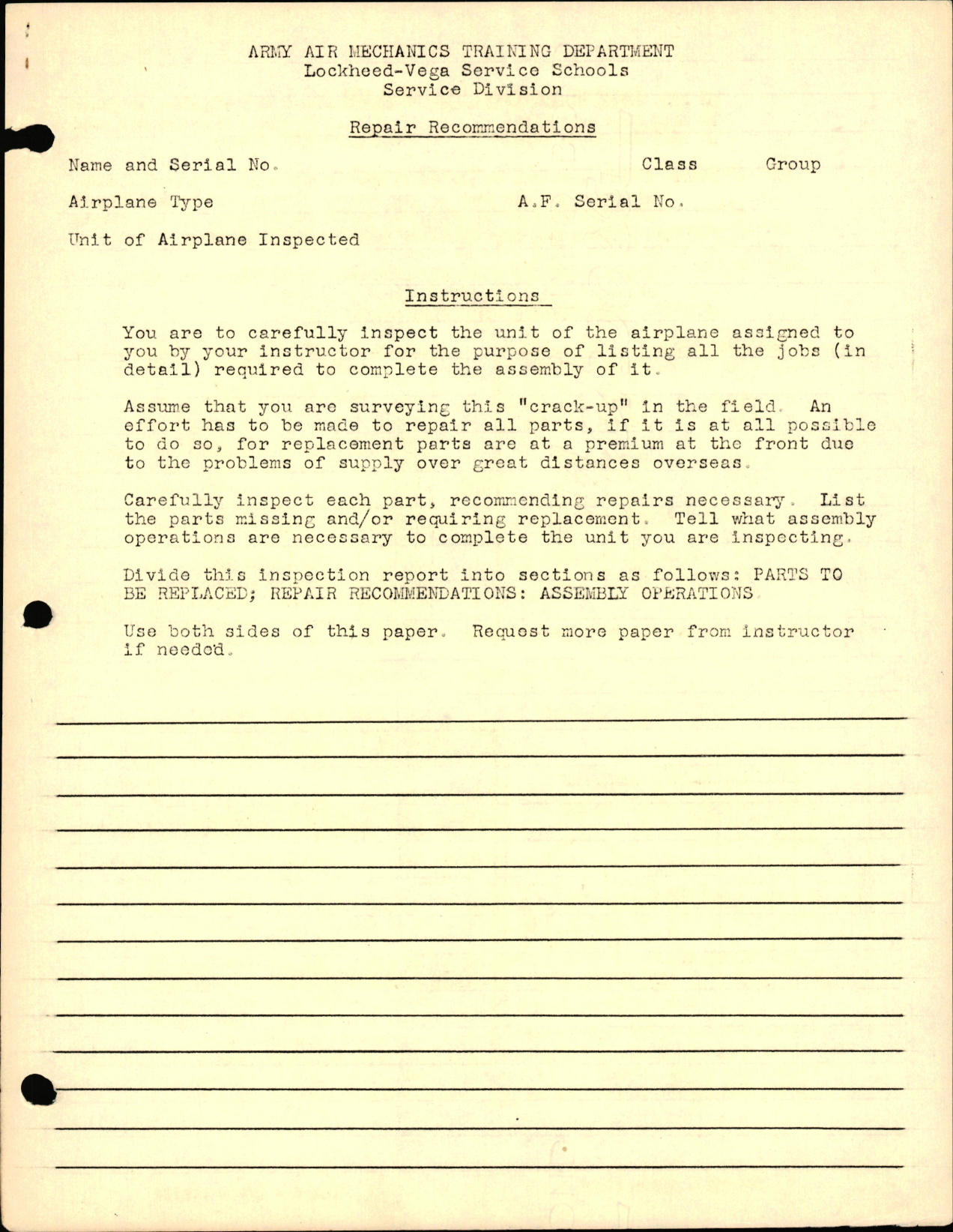 Sample page 1 from AirCorps Library document: Repair Recommendations Form