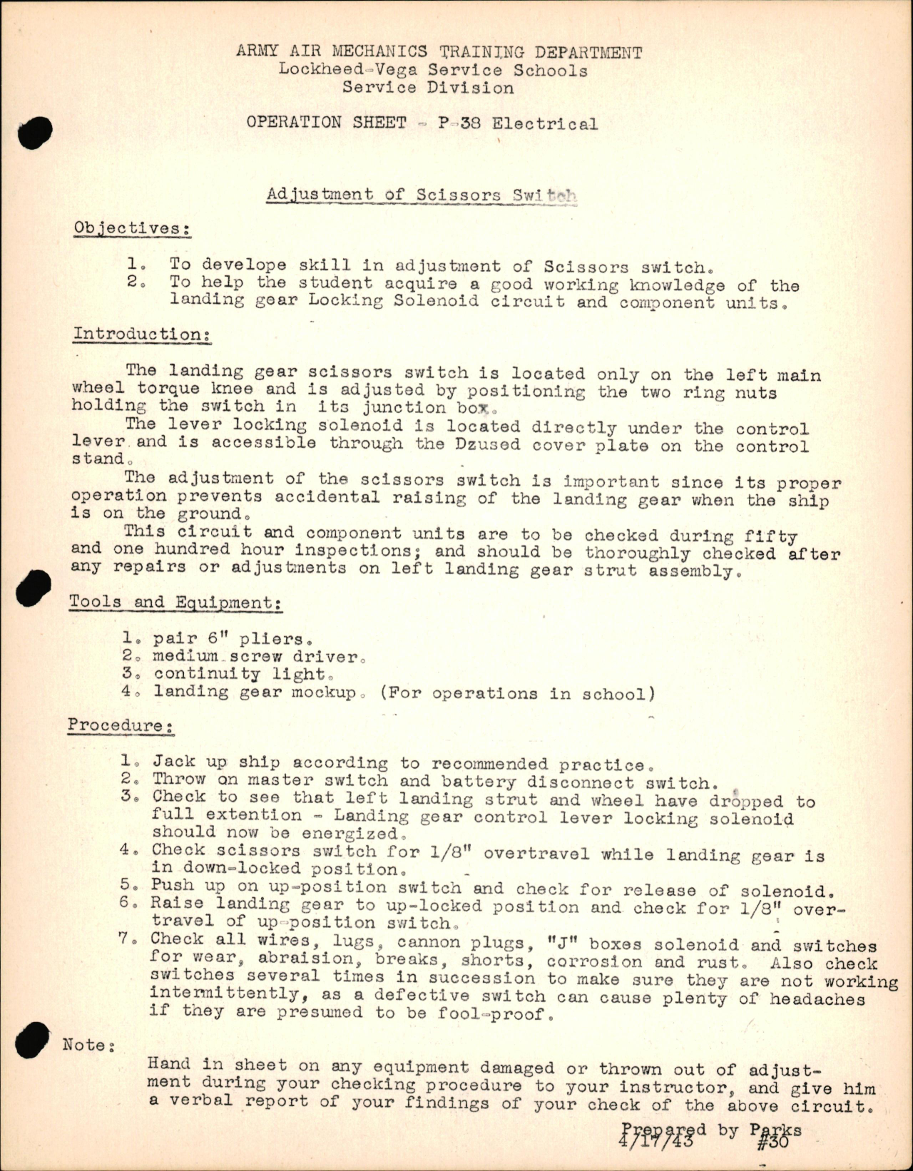 Sample page 1 from AirCorps Library document: P-38 Electrical - Adjustment of Scissor Switch
