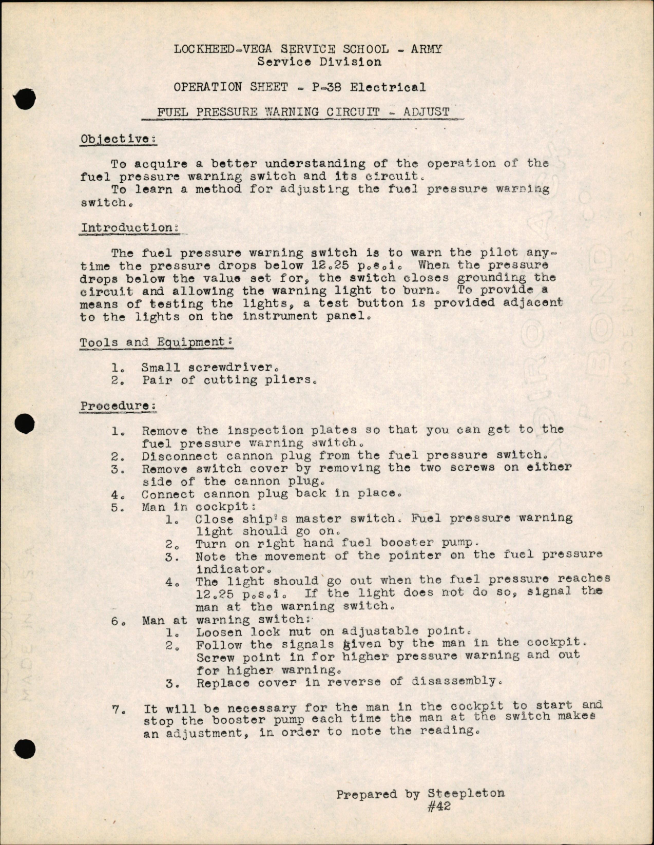 Sample page 1 from AirCorps Library document: P-38 Electrical - Fuel Pressure Warning Circuit