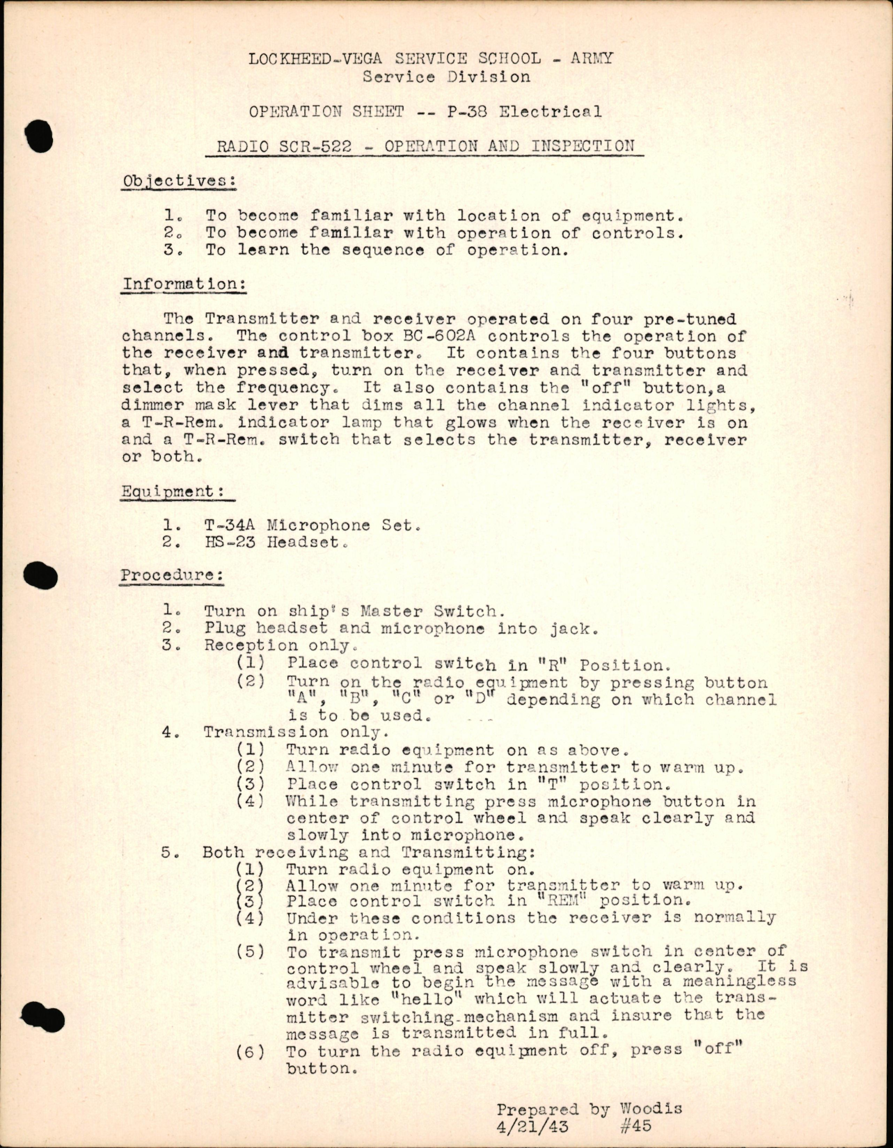 Sample page 1 from AirCorps Library document: P-38 Electrical - Radio SCR-522 - Operation & Inspection
