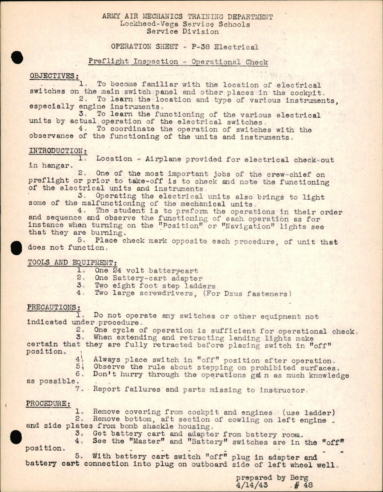 Sample page 1 from AirCorps Library document: P-38 Electrical - Preflight Inspection - Operational Check