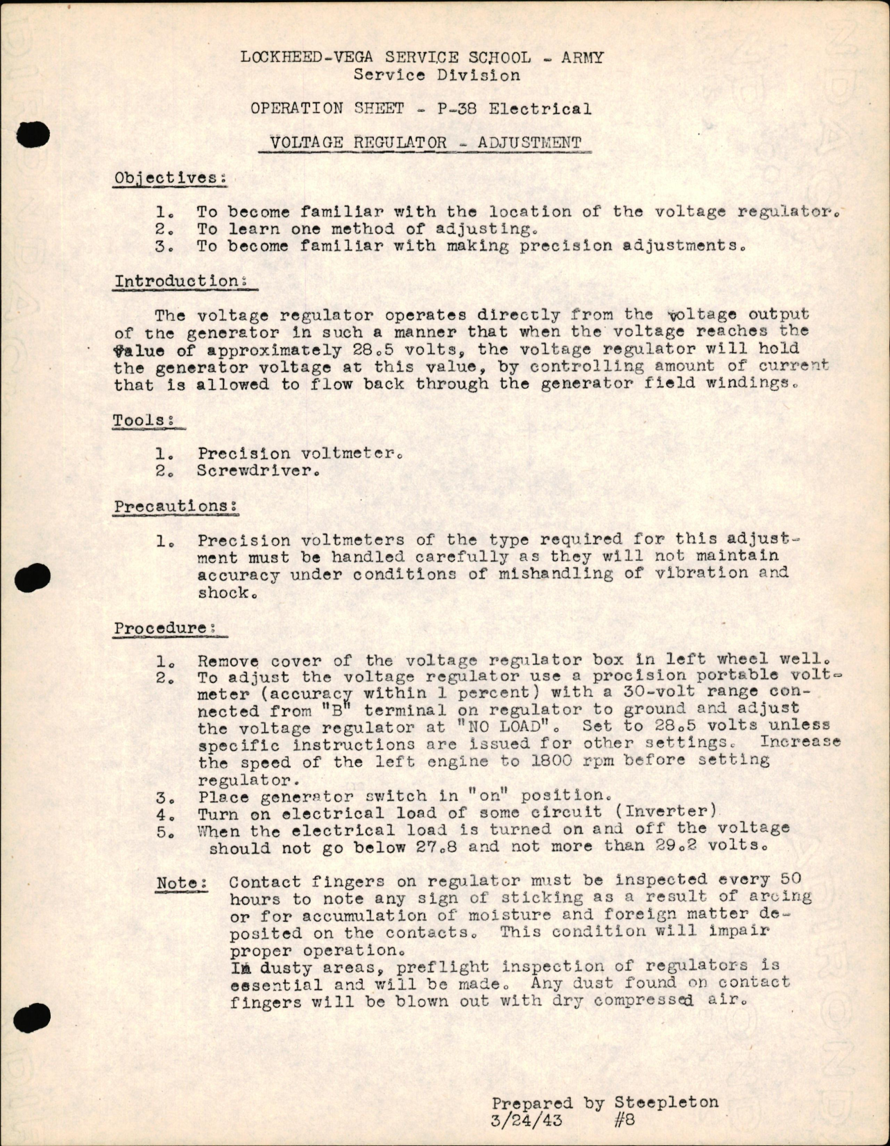 Sample page 1 from AirCorps Library document: P-38 Electrical - Voltage Regulator - Adjustment