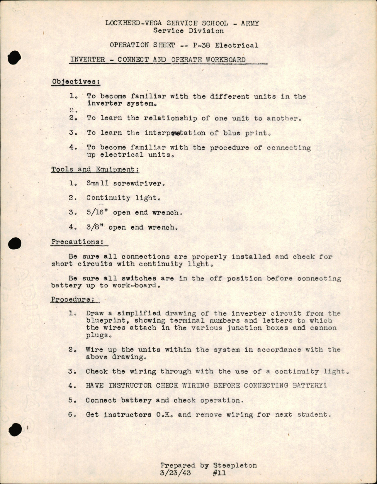 Sample page 1 from AirCorps Library document: P-38 Electrical - Inverter - Connect & Operate Workboard