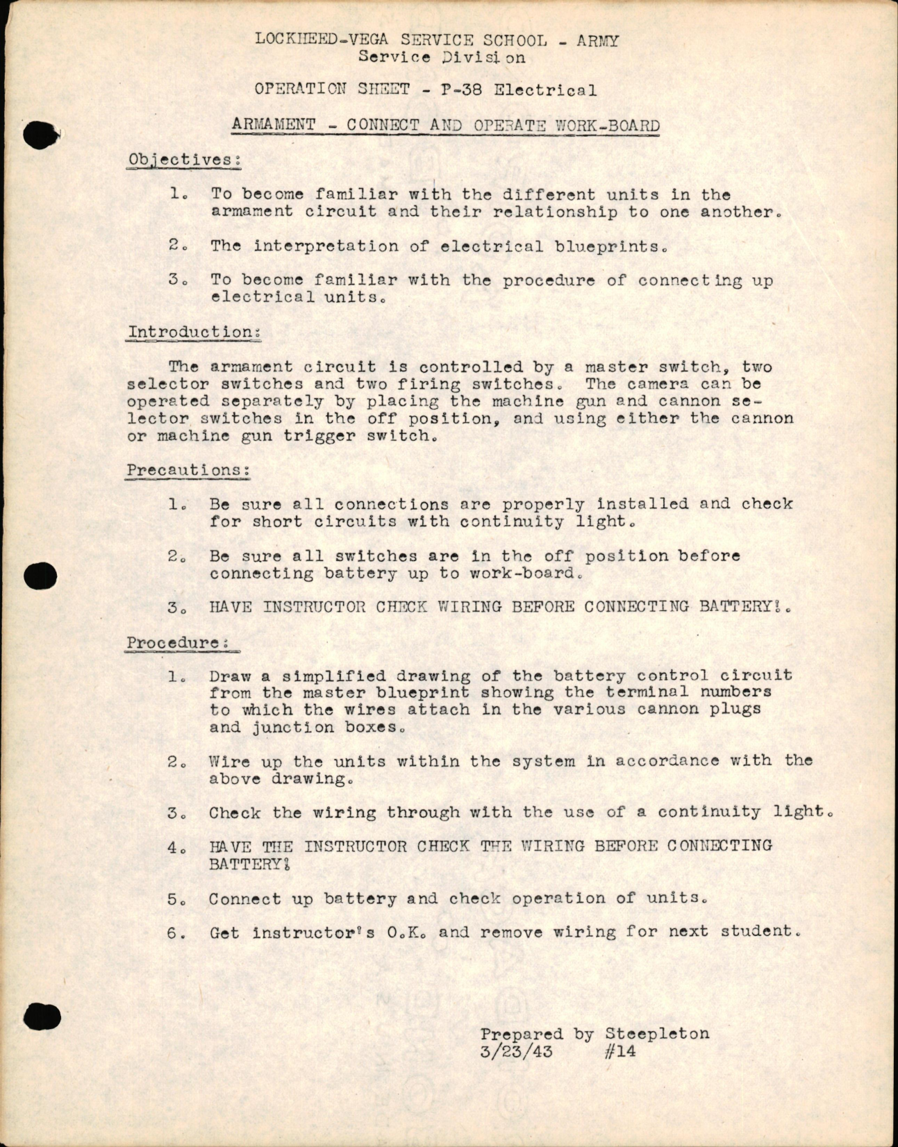 Sample page 1 from AirCorps Library document:  P-38 Electrical - Armament - Connect & Operate Work-Board