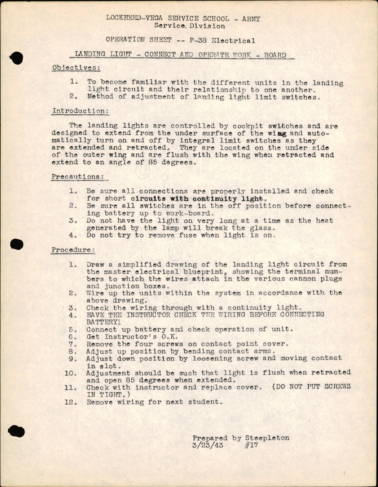 Sample page 1 from AirCorps Library document: P-38 Electrical - Landing Light - Connect & Operate Work-Board
