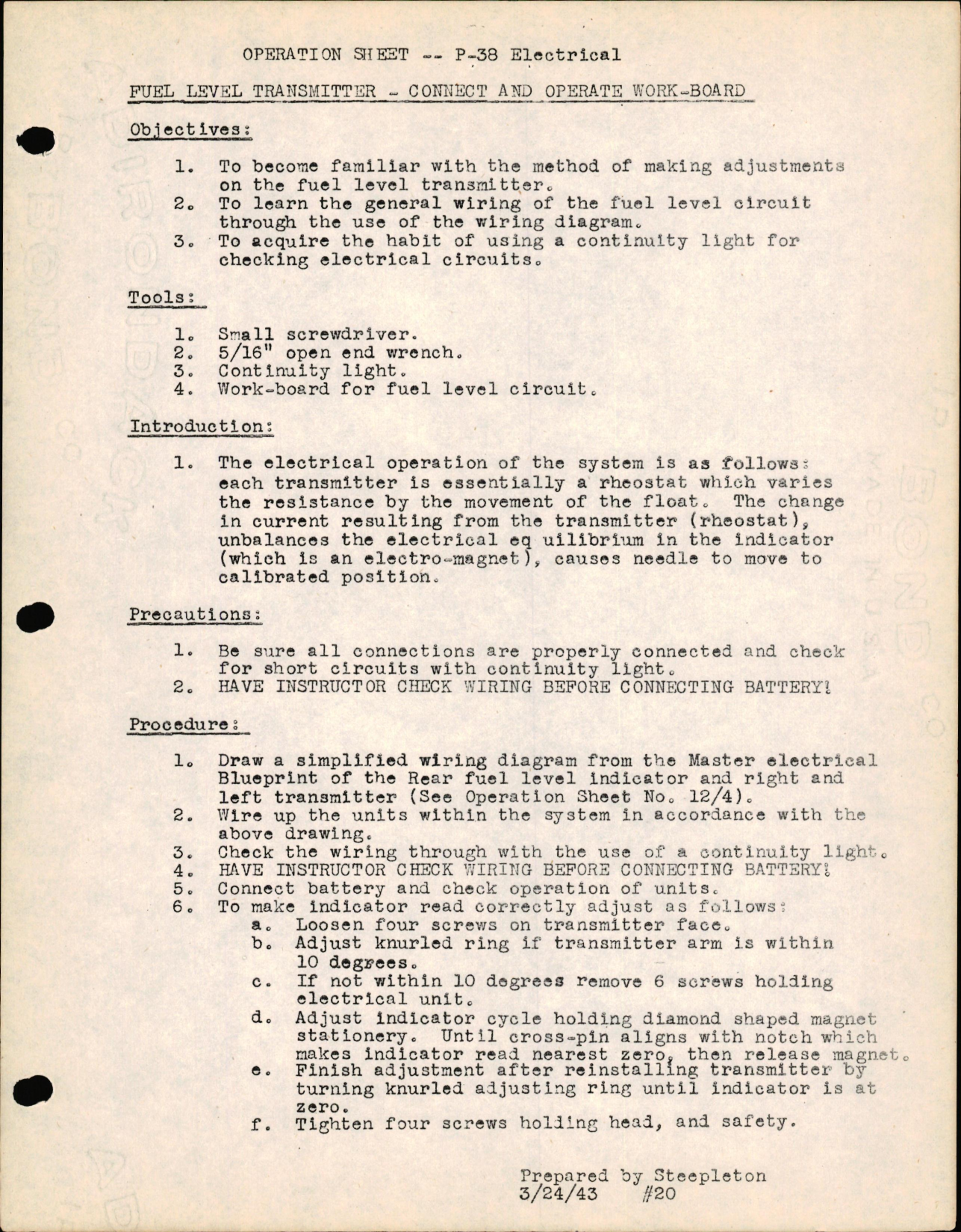 Sample page 1 from AirCorps Library document: P-38 Electrical - Fuel Level Transmitter - Connect & Operate Work-Board