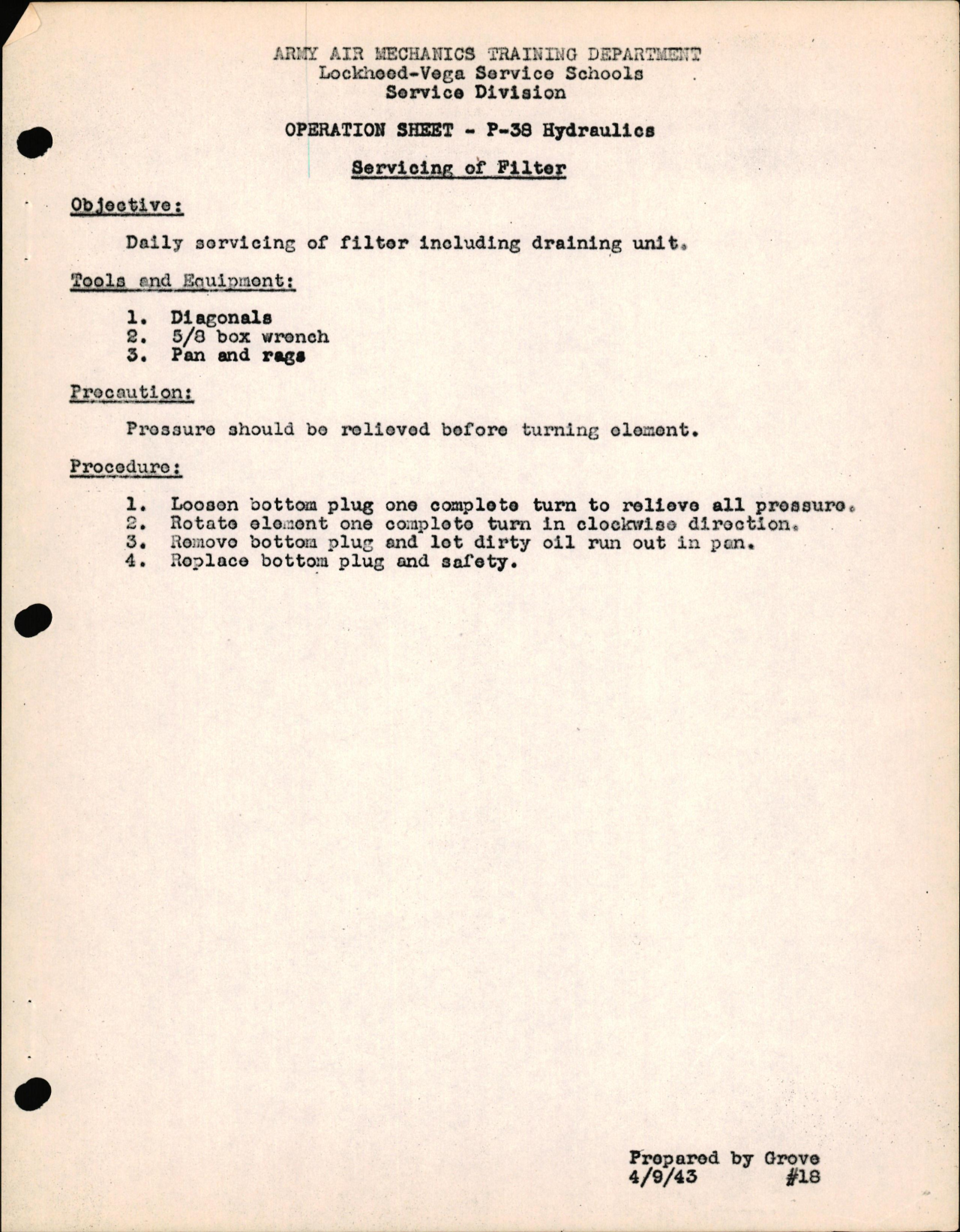 Sample page 1 from AirCorps Library document: P-38 Hydraulics - Servicing of Filter