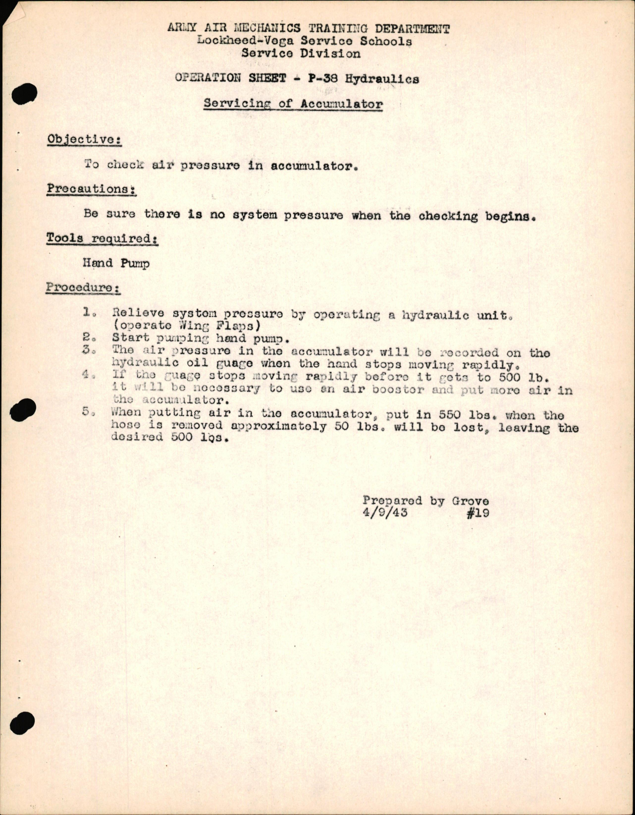Sample page 1 from AirCorps Library document: P-38 Hydraulics - Servicing of Accumulator