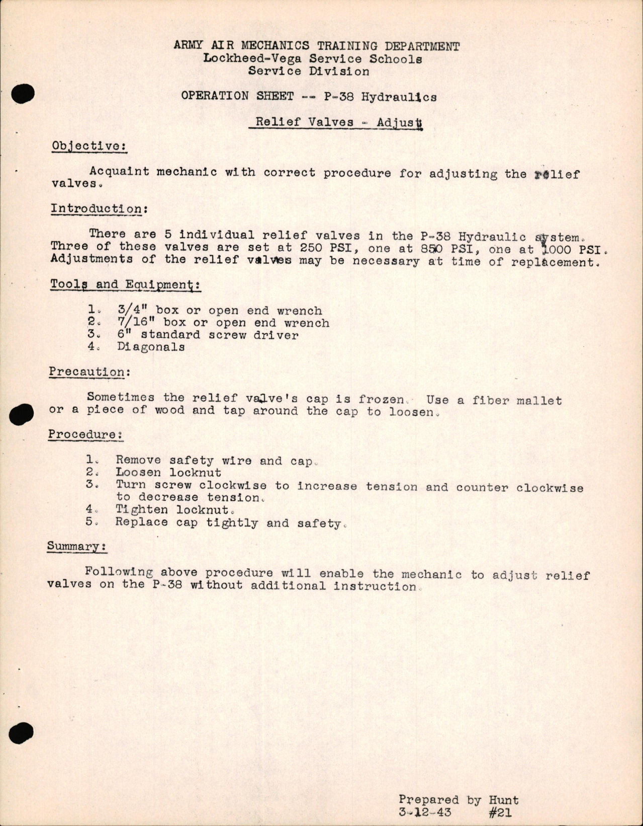 Sample page 1 from AirCorps Library document:  P-38 Hydraulics - Relief Valves - Adjust