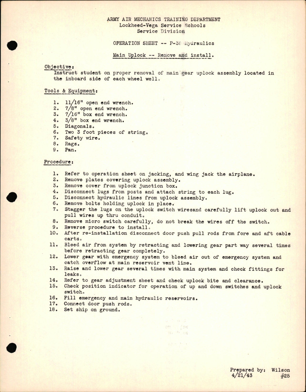 Sample page 1 from AirCorps Library document: P-38 Hydraulics - Main Uplock - Remove & Install