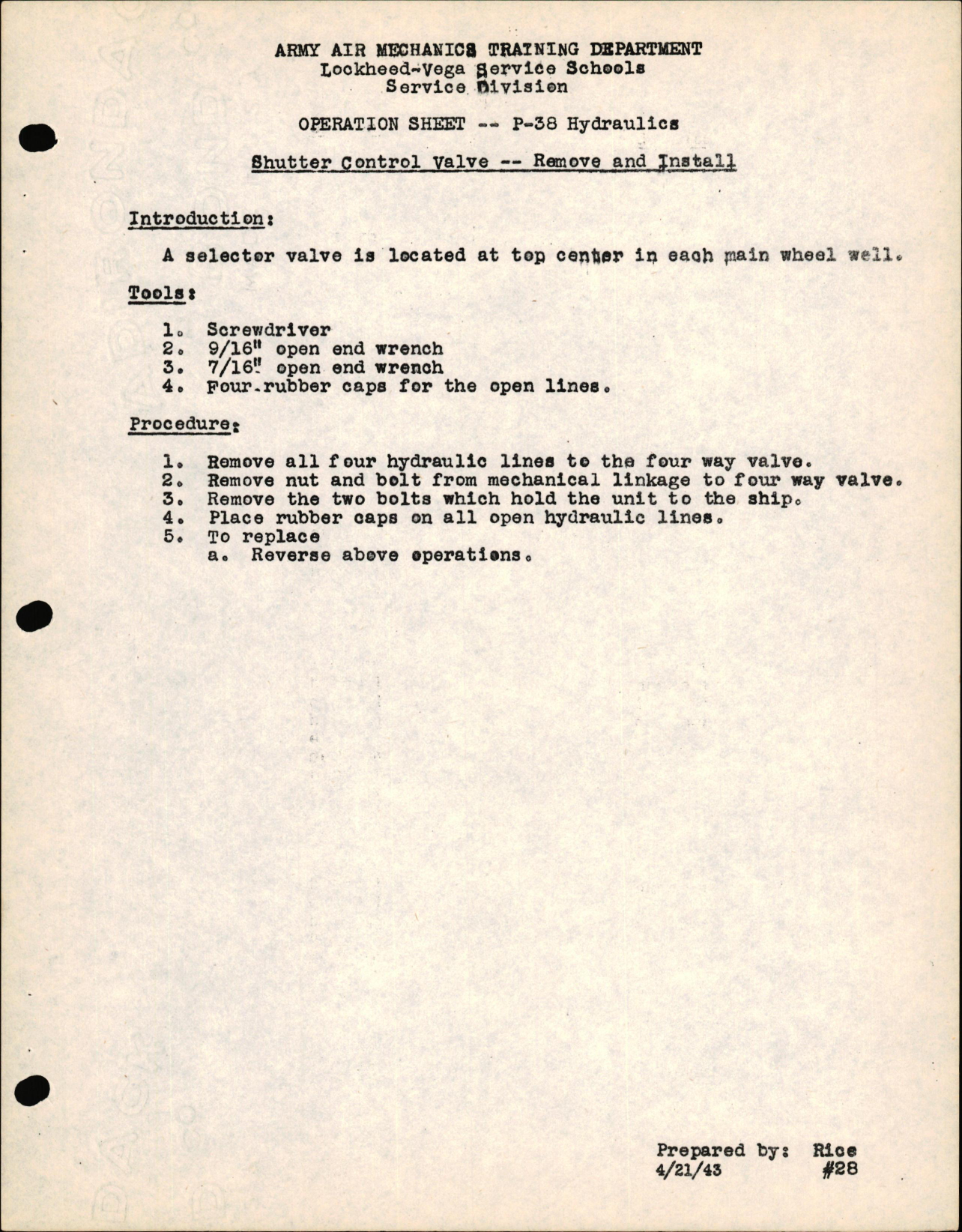 Sample page 1 from AirCorps Library document: P-38 Hydraulics - Shutter Control Valve - Remove & Install,