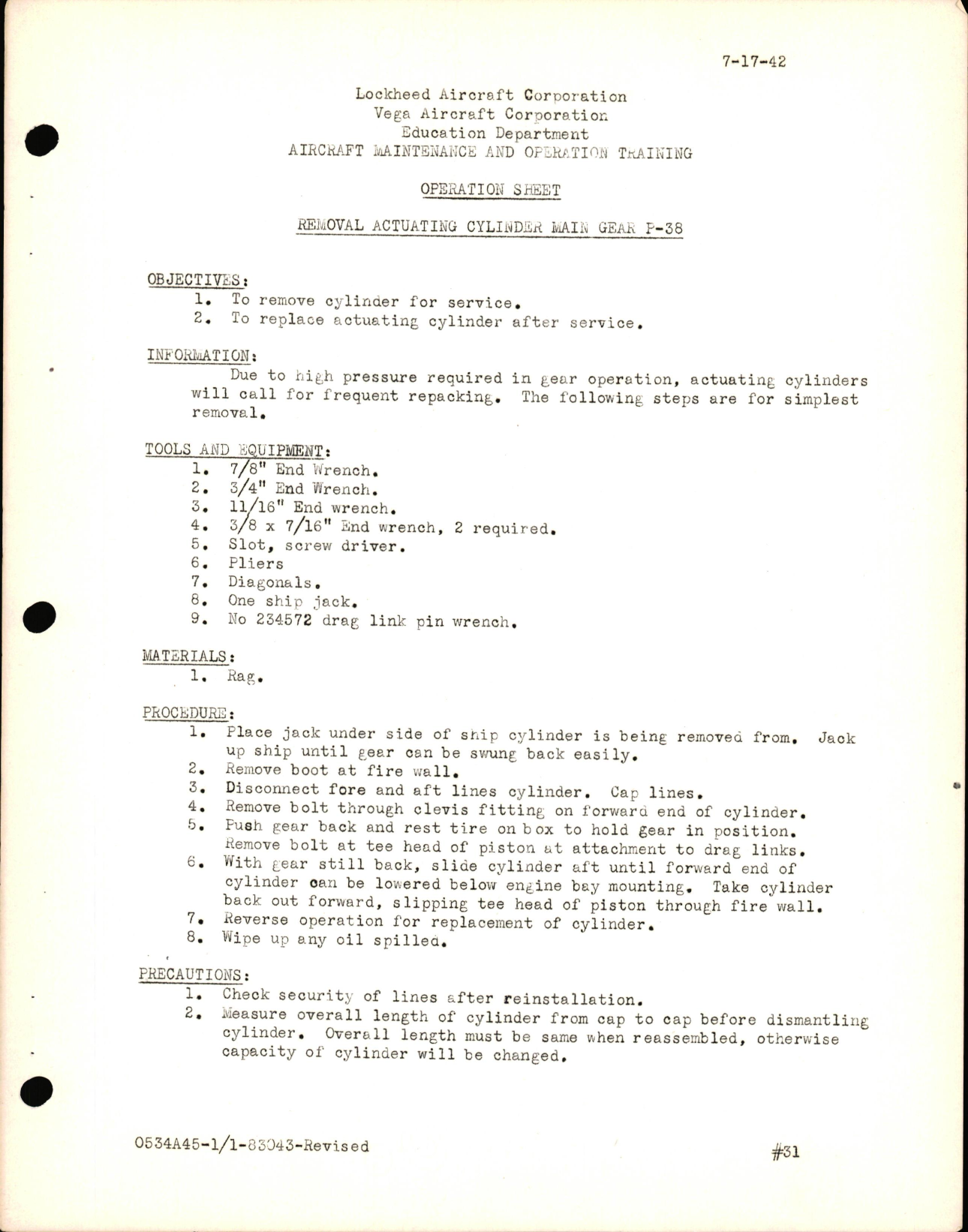 Sample page 1 from AirCorps Library document: P-38 Hydraulics - Removal Actuating Cylinder Main Gear