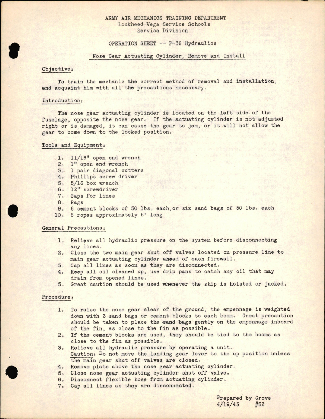 Sample page 1 from AirCorps Library document: P-38 Hydraulics - Nose Gear Actuating Cylinder, Remove & Install