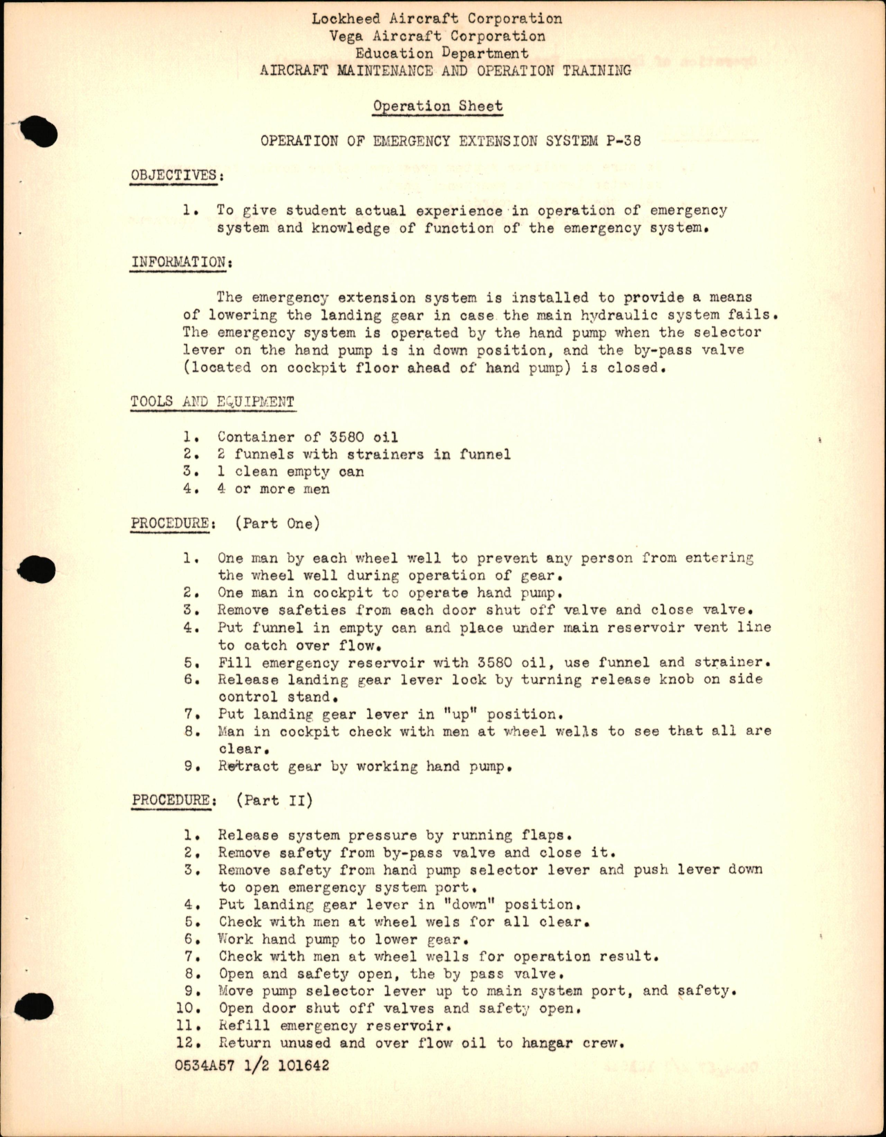Sample page 1 from AirCorps Library document: P-38 Hydraulics - Operation of Emergency Extension System for P-38