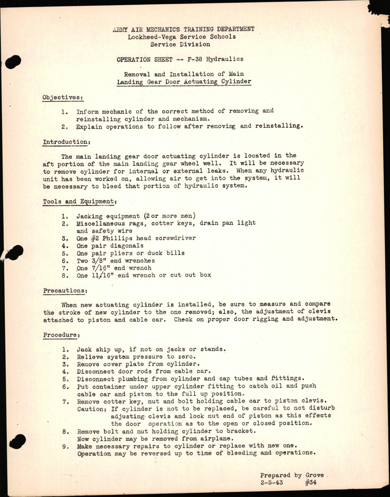 Sample page 1 from AirCorps Library document: P-38 Hydraulics - Removal & Installation of Main Landing Gear Door Actuating Cylinder,