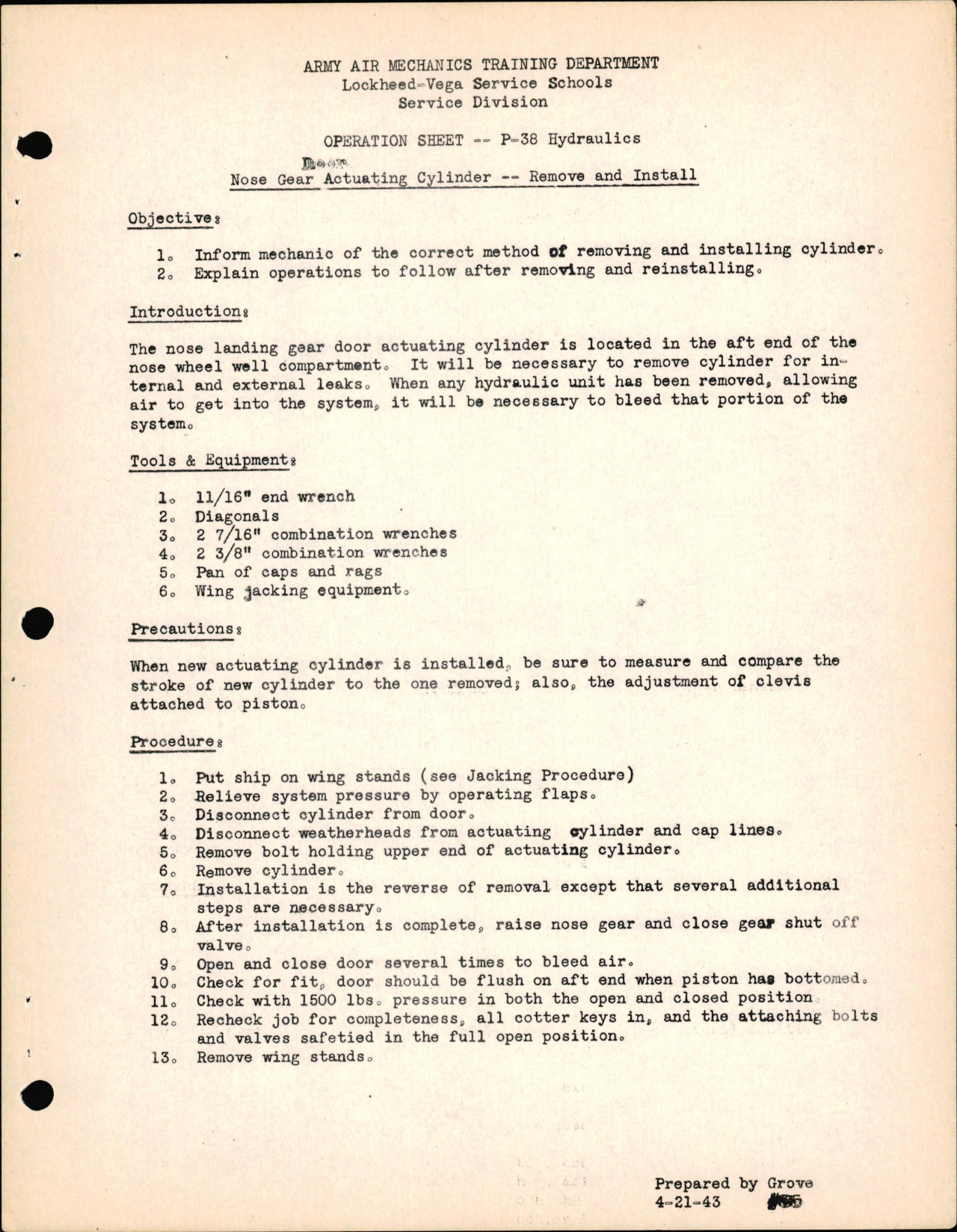 Sample page 1 from AirCorps Library document:  P-38 Hydraulics - Nose Gear Actuating Cylinder - Remove & Install