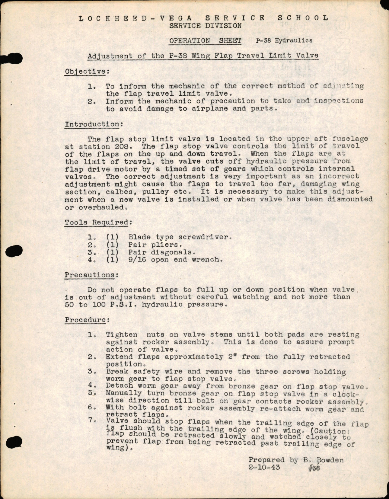 Sample page 1 from AirCorps Library document: P-38 Hydraulics - Adjustment of the P-38 Wing Flap Travel Limit Valve