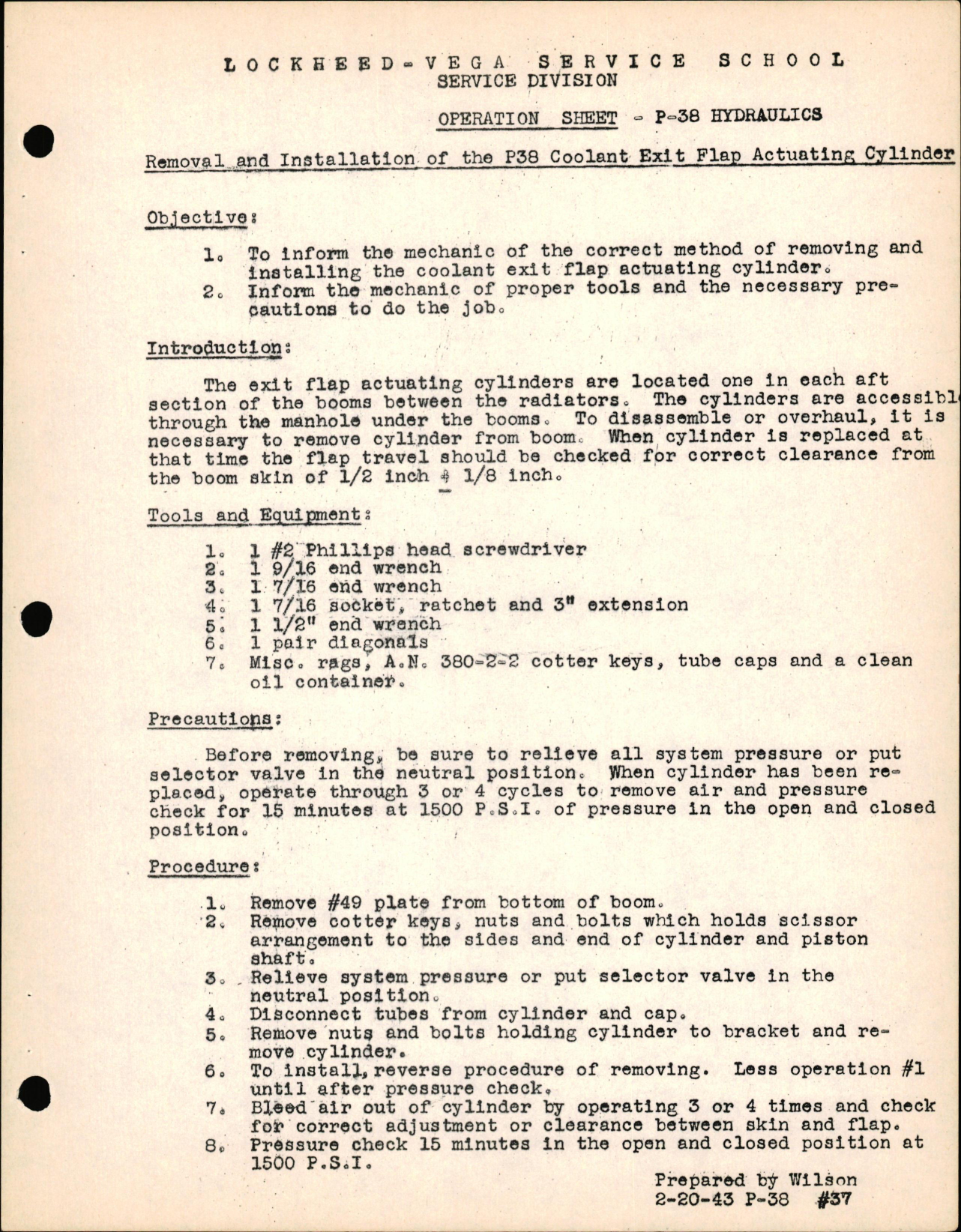 Sample page 1 from AirCorps Library document: P-38 Hydraulics - Removal & Installation of the P-38 Coolant Exit Flap Actuating Cylinder
