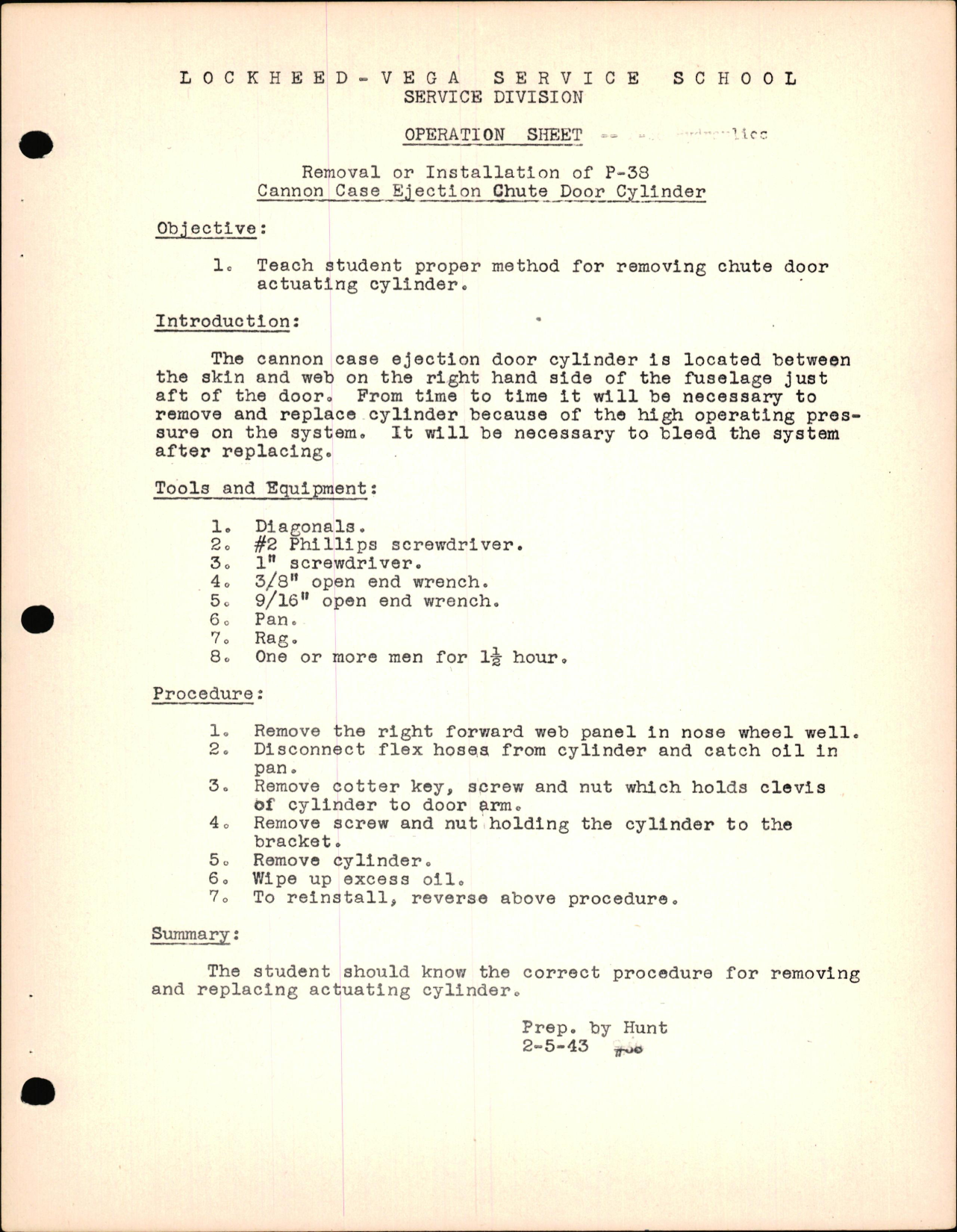 Sample page 1 from AirCorps Library document: P-38 Hydraulics - Removal or Installation of P-38 Cannon Case Ejection Chute Door Cylinder