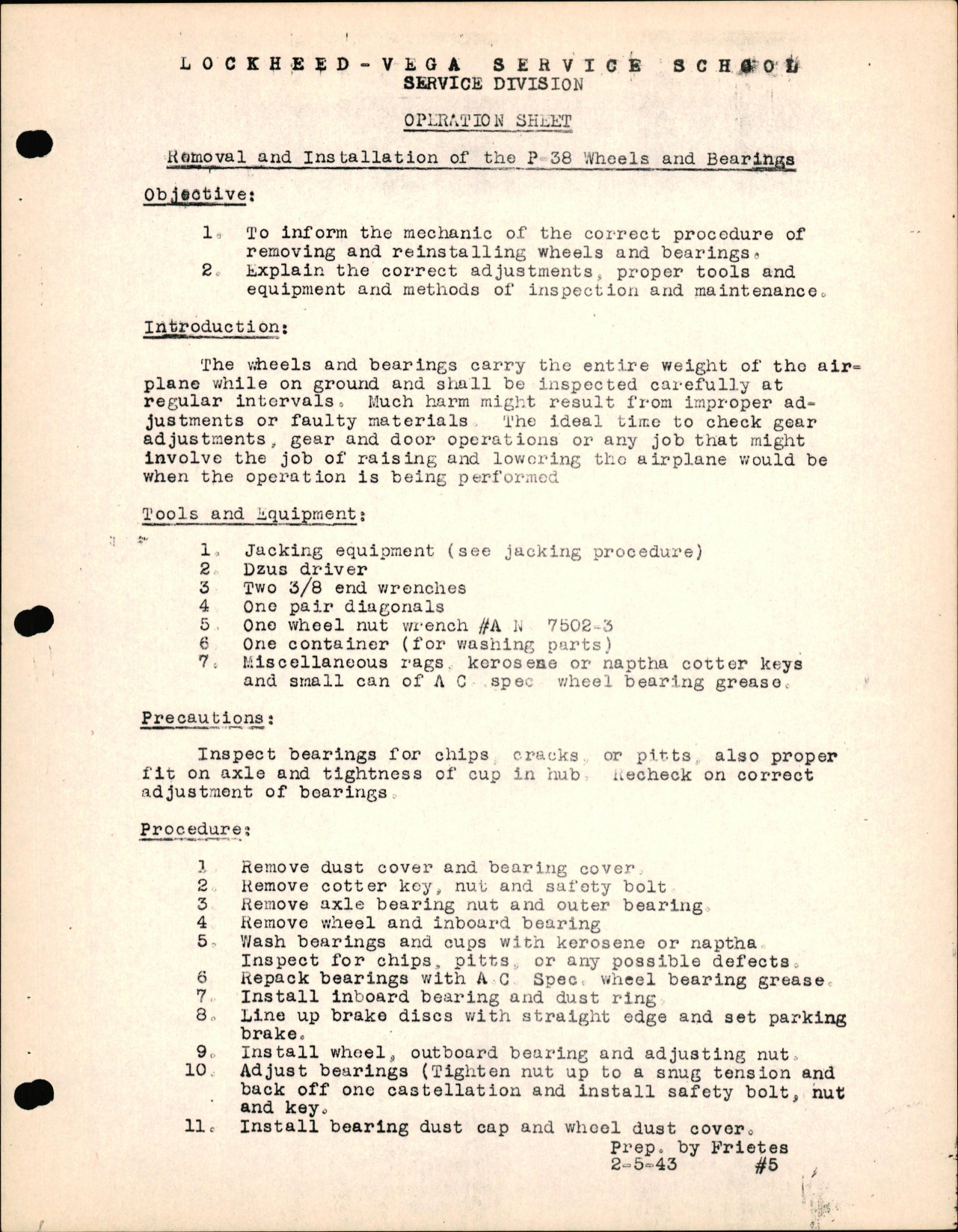 Sample page 1 from AirCorps Library document: P-38 Hydraulics - Removal & Installation of the P-38 Wheels & Bearings