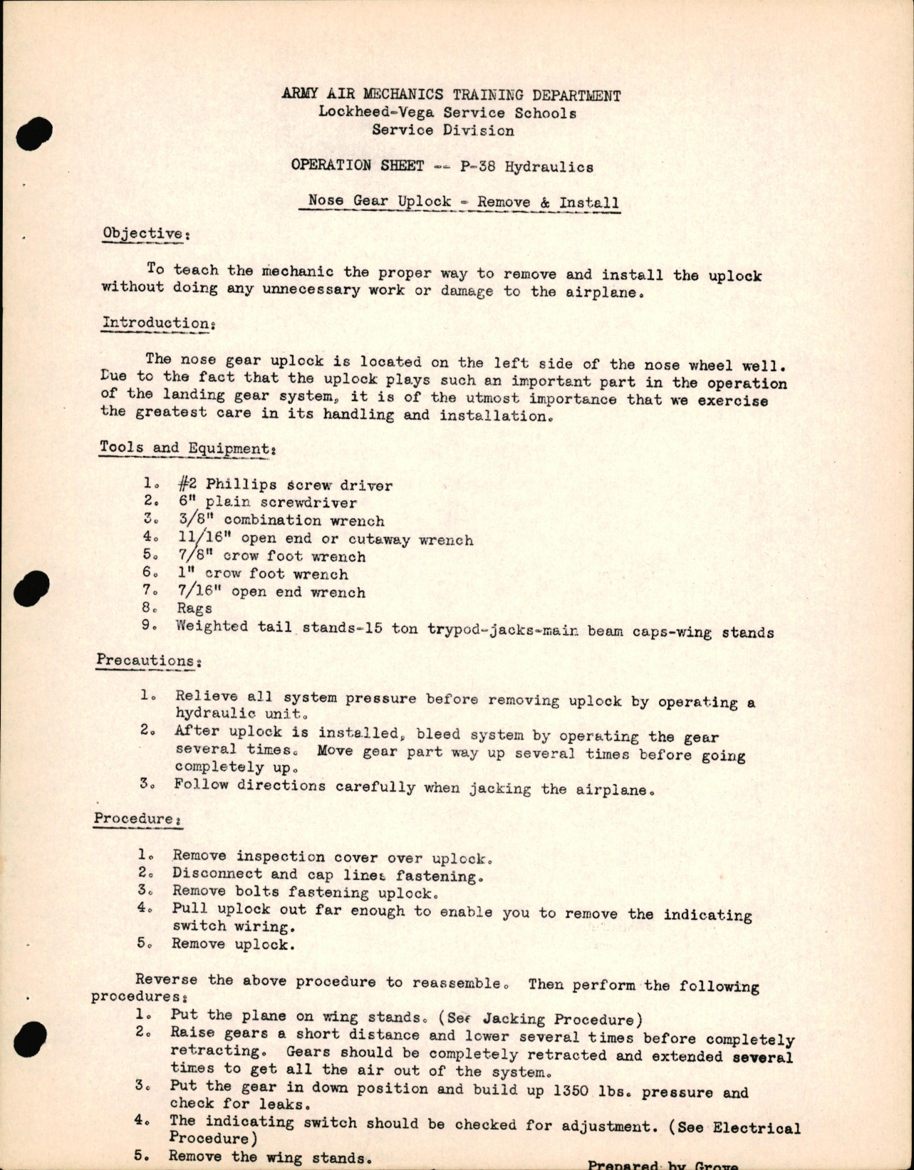 Sample page 1 from AirCorps Library document: P-38 Hydraulics - Nose Gear Uplock - Remove & Install
