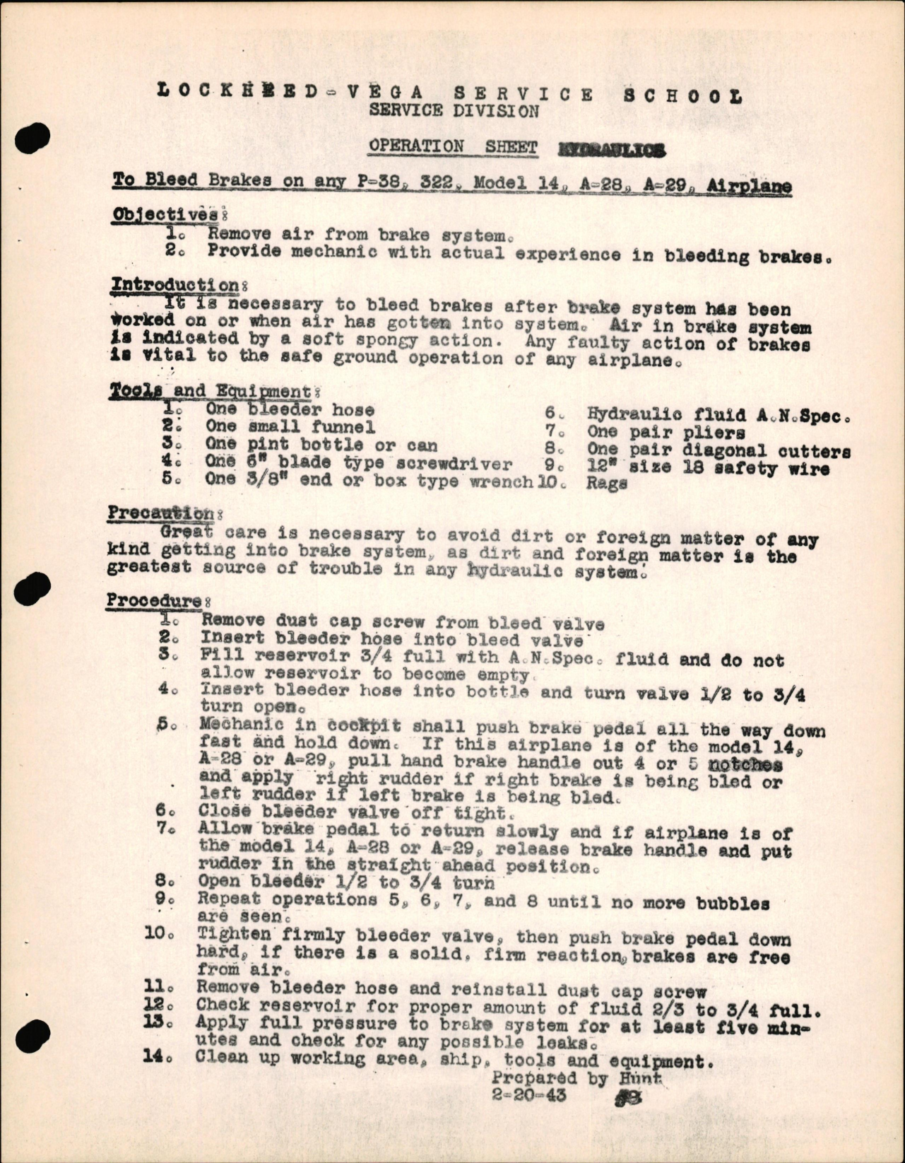 Sample page 1 from AirCorps Library document: P-38 Hydraulics - To Bleed Brakes on any P-38, 322, Model 14, A-28, and A-29