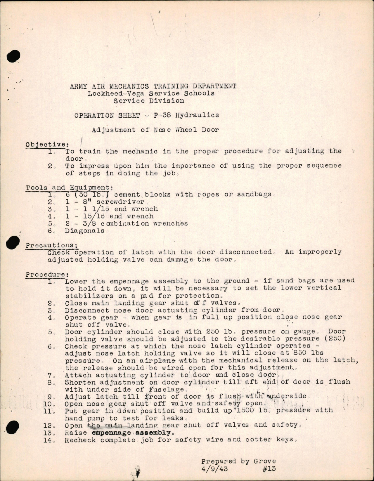 Sample page 1 from AirCorps Library document: P-38 Hydraulics - Adjustment of Nose Wheel Door