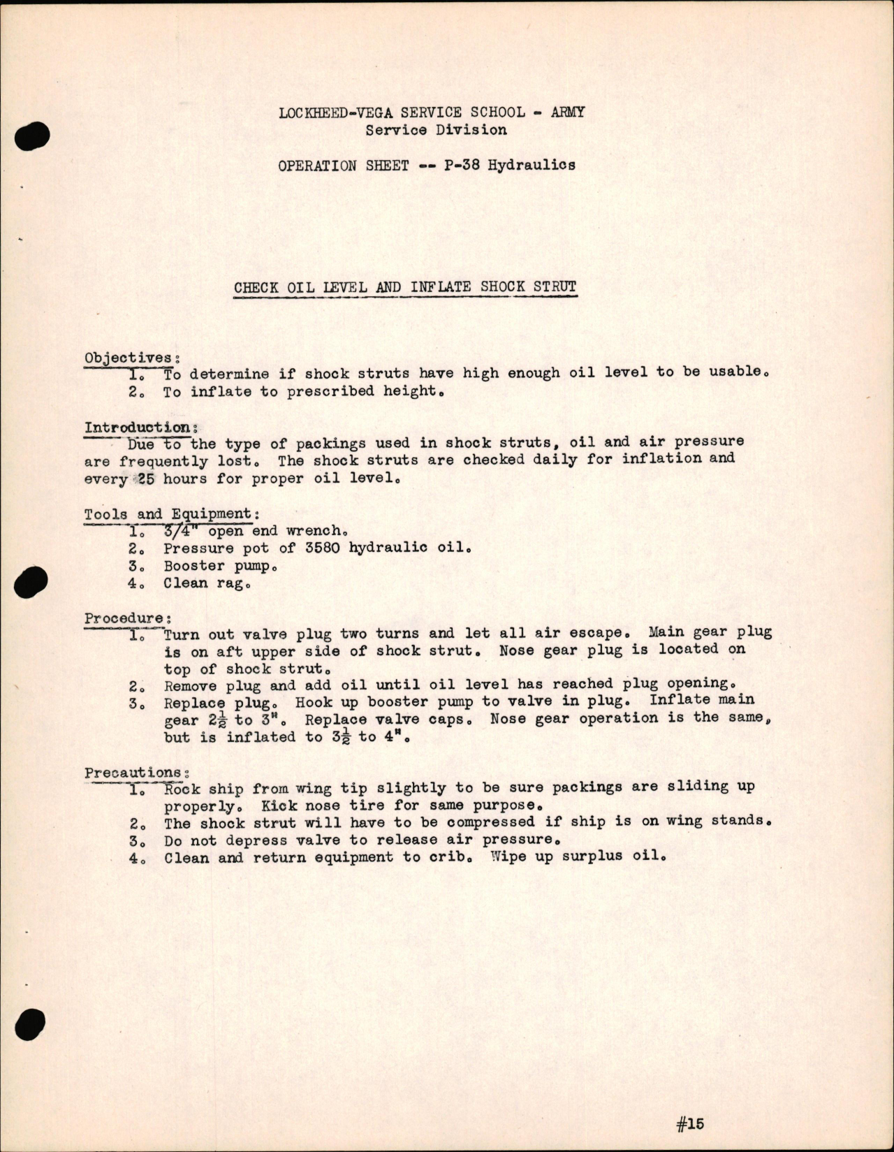 Sample page 1 from AirCorps Library document: P-38 Hydraulics - Check Oil Level & Inflate Shock Strut