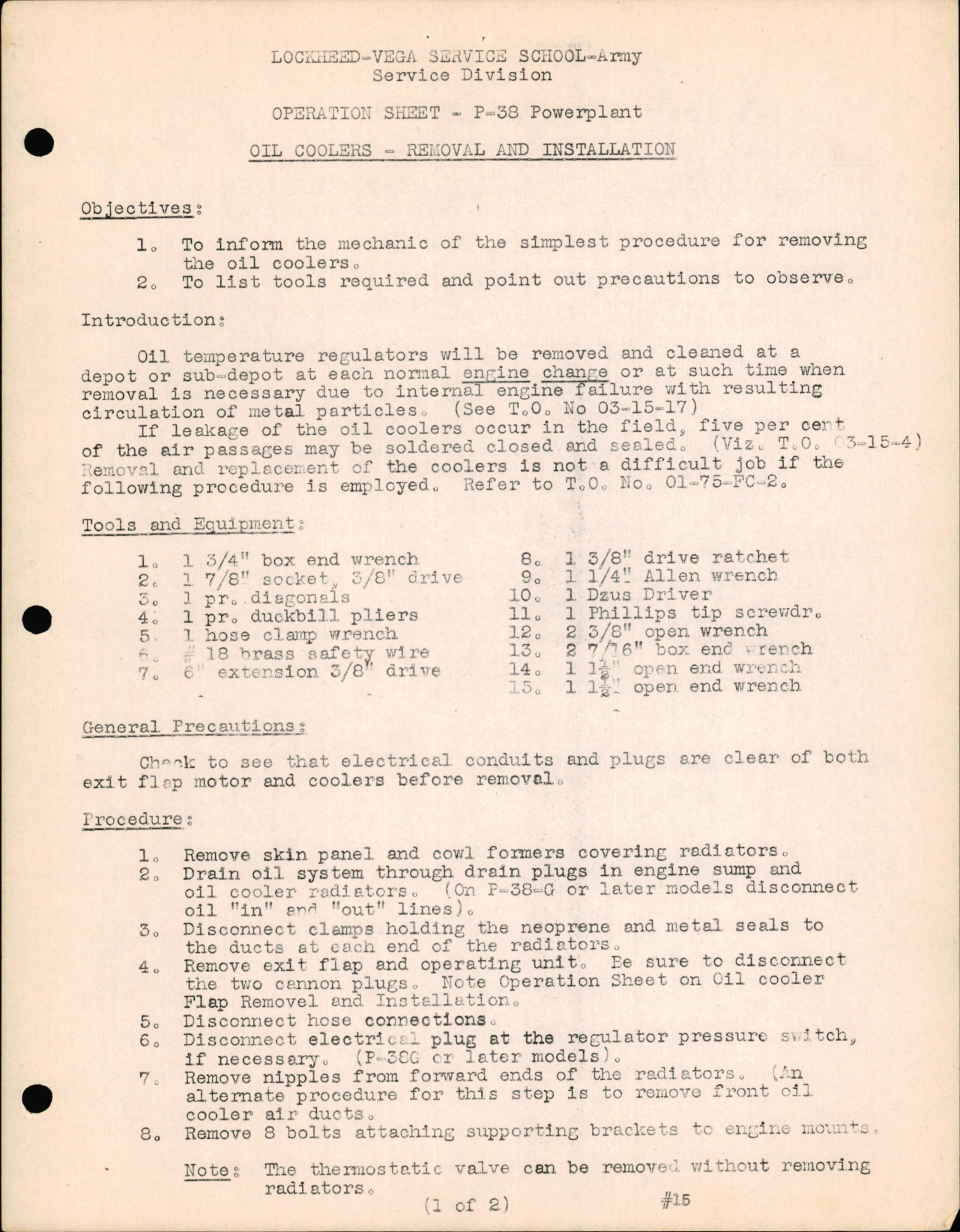 Sample page 1 from AirCorps Library document: P-38 Powerplant - Oil Coolers - Removal & Installation